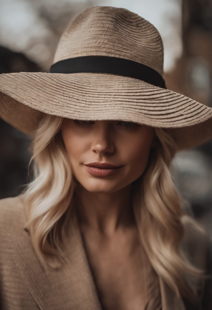 realistic white female instagram influencer, best quality, blonde, wearing hat