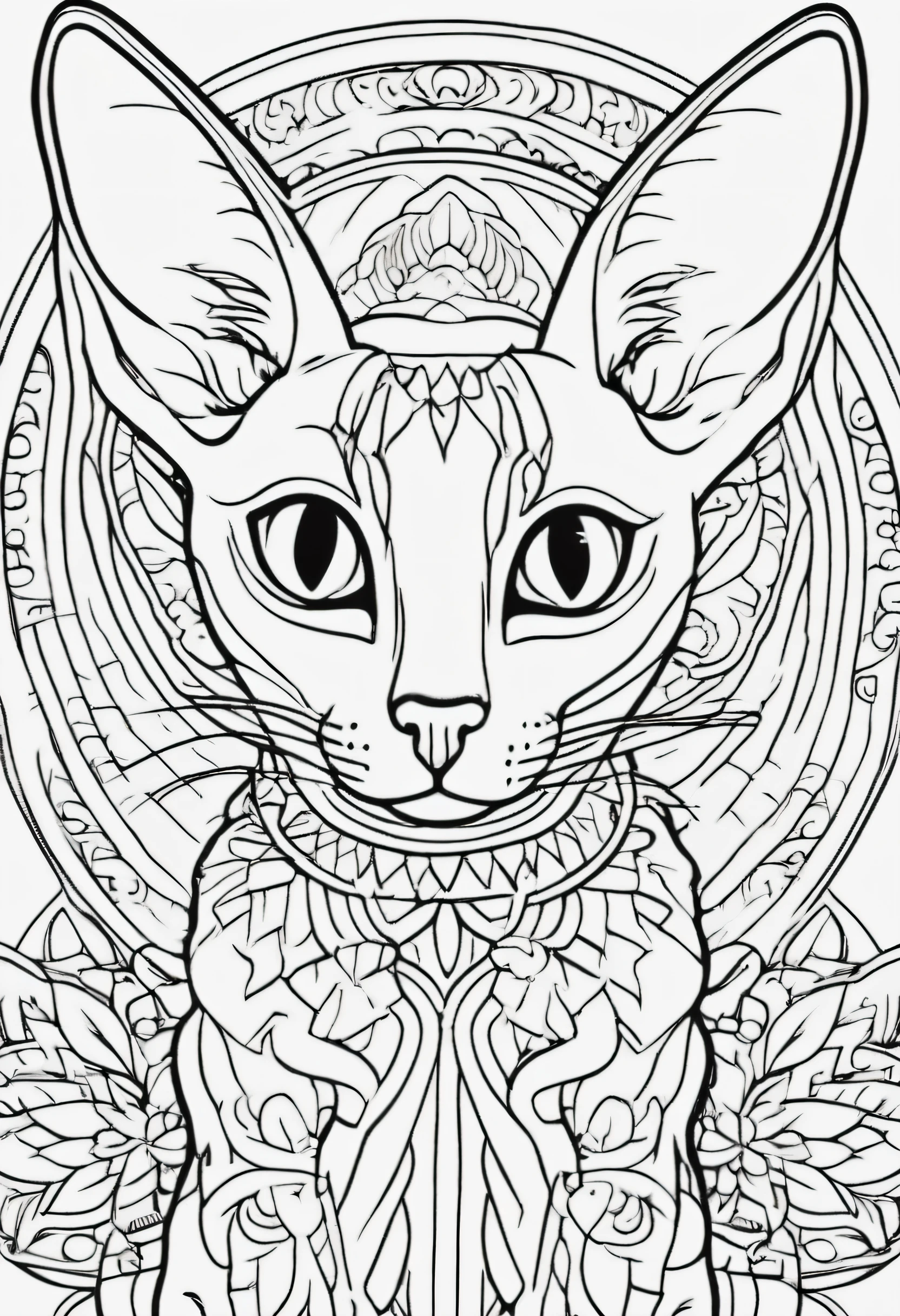 create a 2d black outline, of simple cute Oriental Shorthair cat Mandalas hors coloring page for kids, low details design, white background, black contour, coloring page design,Oriental Shorthair cartoon style, simple background, Oriental Shorthair