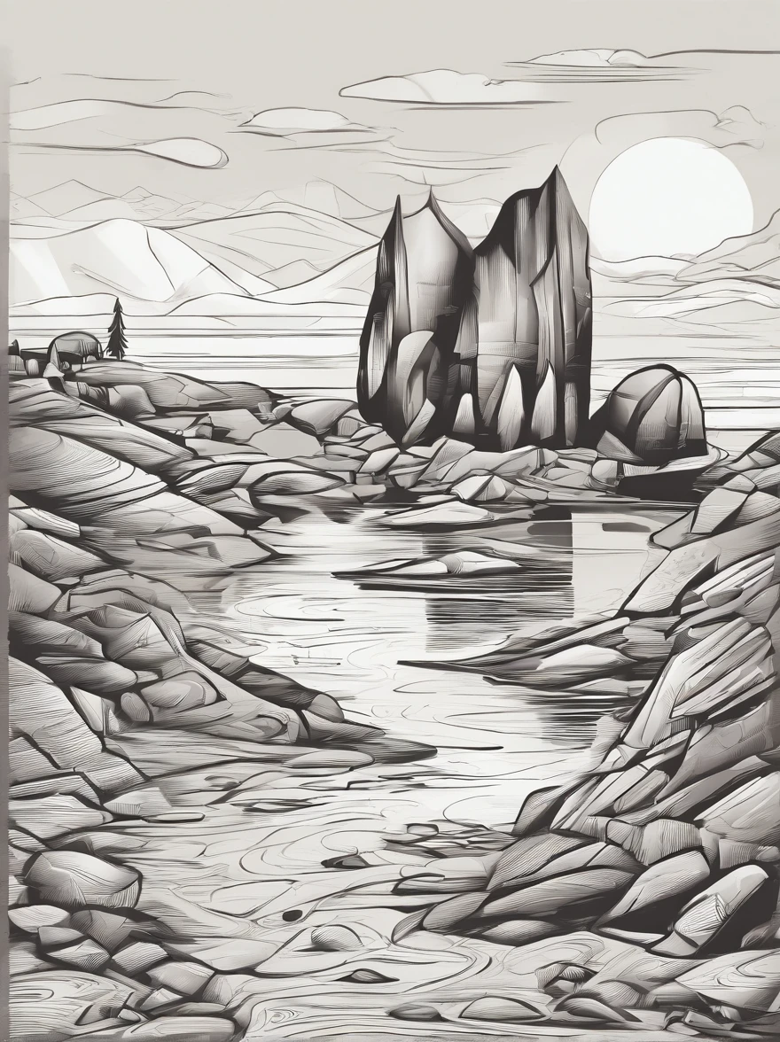 A sickle,Retro,Fine lines,lightand shade contrast,In front of the pile of stones,Partially colored