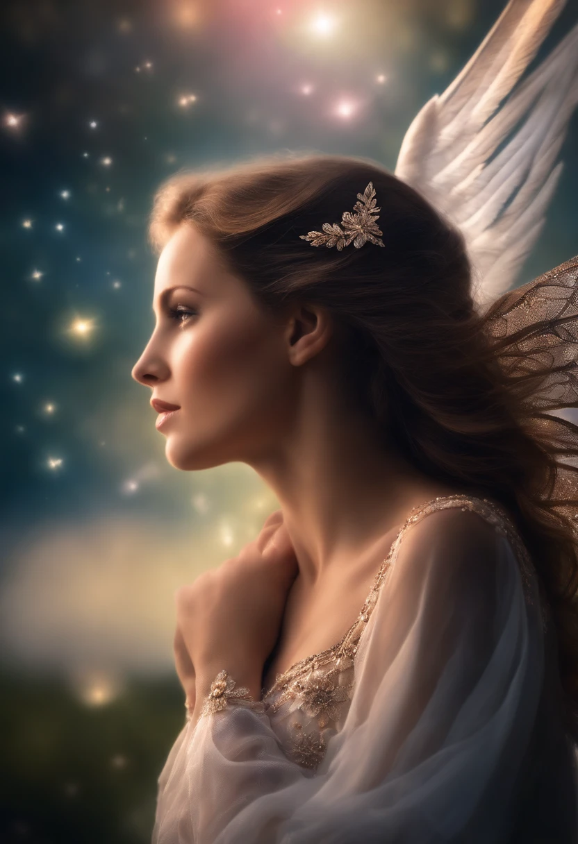 Angel looking up at the sky, olhos claros brilhantes, feminino, pensador, romantico, cores muito brilhantes, light particles, com luz brilhante, Arte do papel de parede, Papel de parede UHD, sonhos