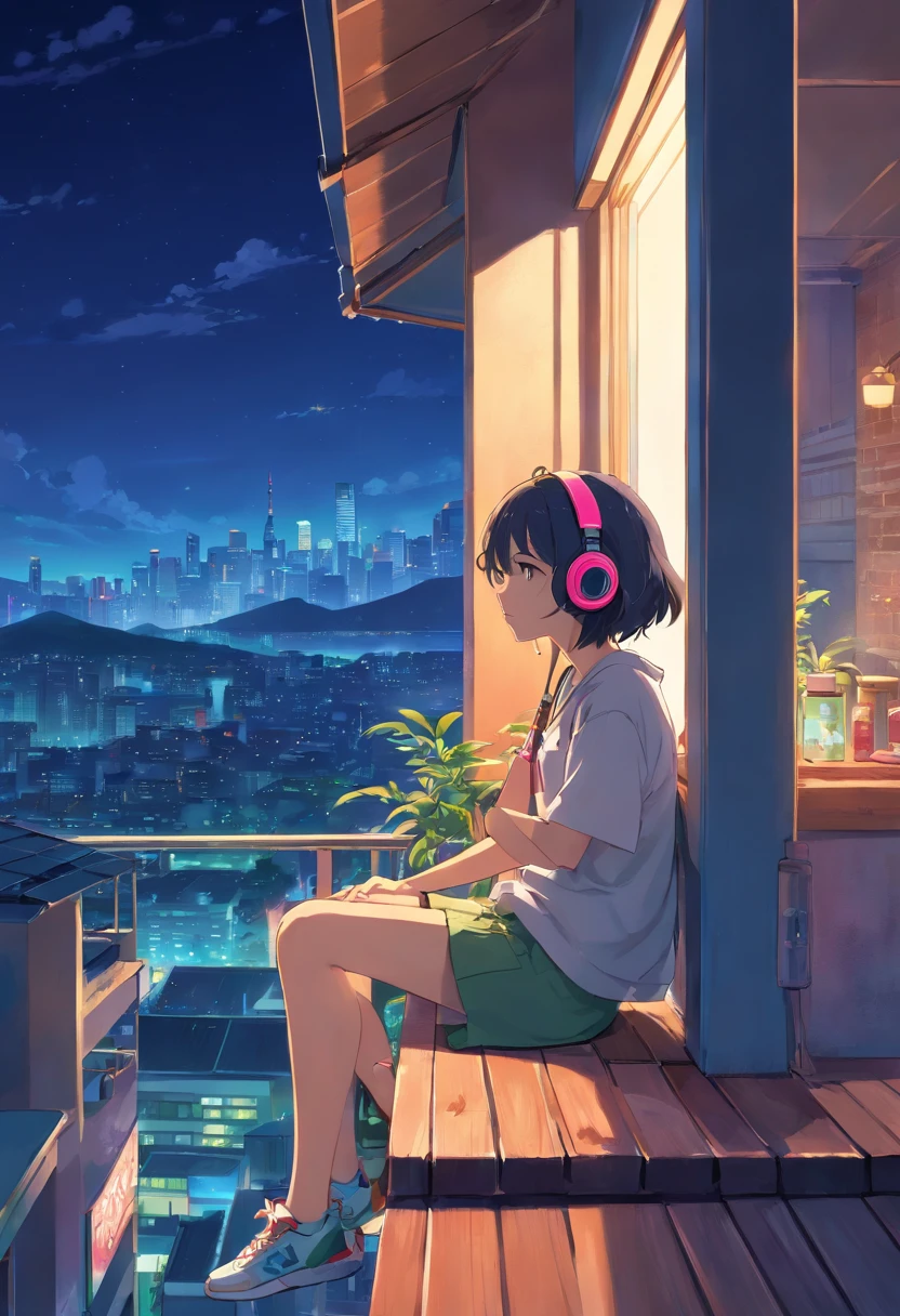 A girl sitting on the balcony , feeling and seeing the out view , focusing the city at night ,in the style of 2d game art ,chinstill 50, with headphones in the ear , linsting the song , night time, coloufull animation skills, with a dog sitting beside next to the girl