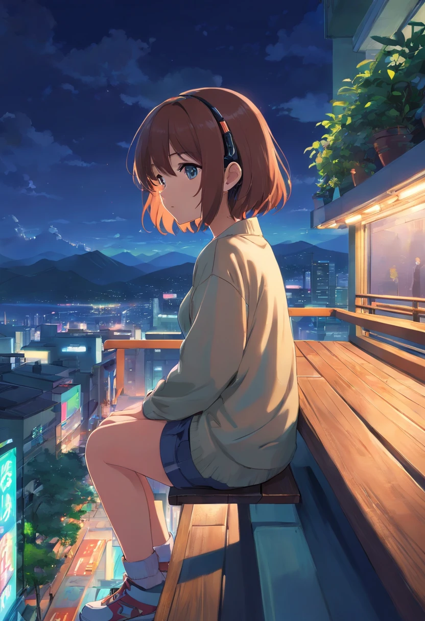 A girl sitting on the balcony , feeling and seeing the out view  , focusing the city at night  ,in the style of 2d game art ,chinstill 50, with headphones in the ear , linsting the song  , night time, coloufull animation skills, with a dog sitting beside next to the girl