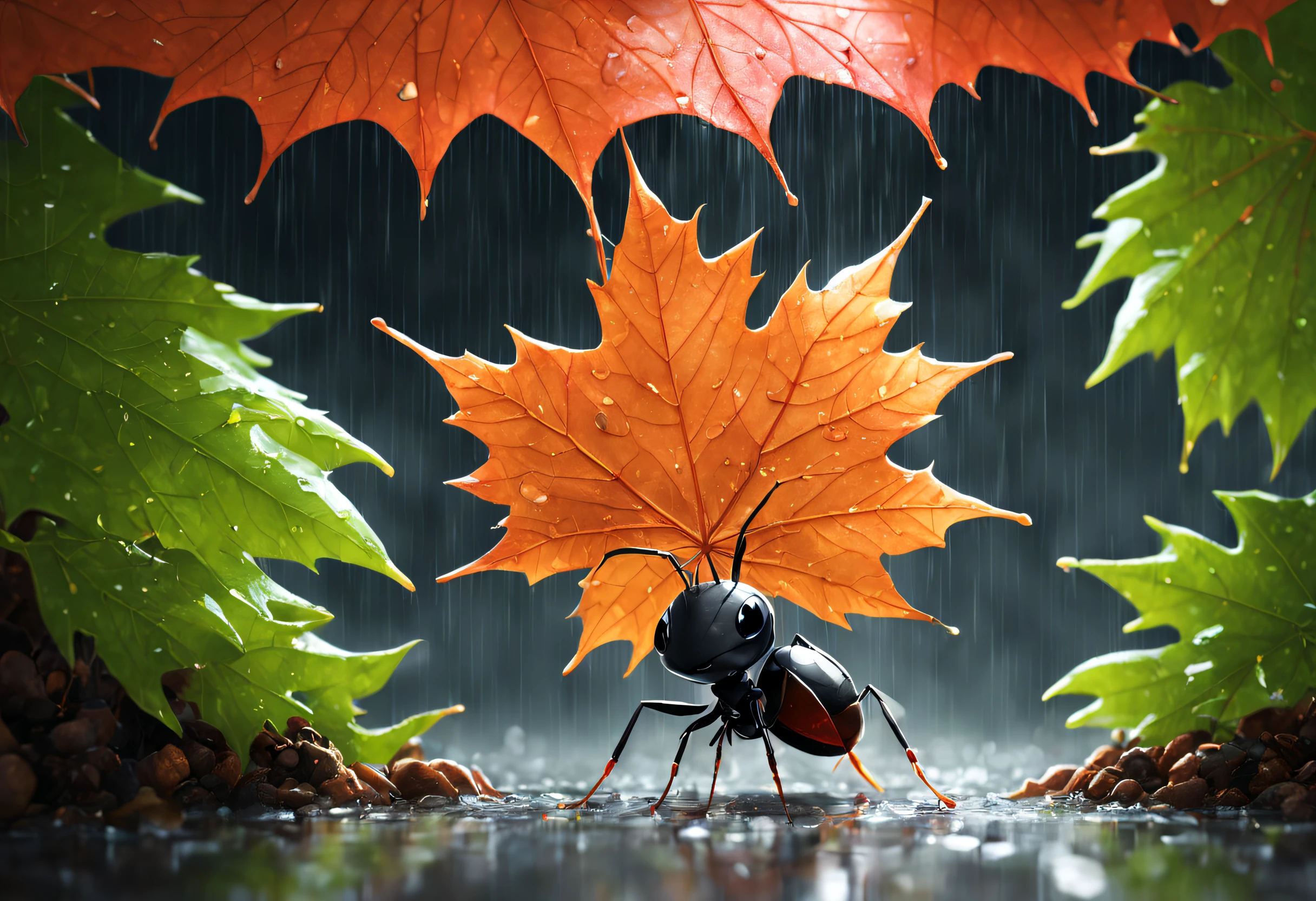 A cute ant takes shelter from the rain under a large maple leaf, Depict this scene in anime style, with great focus and intricate details.
