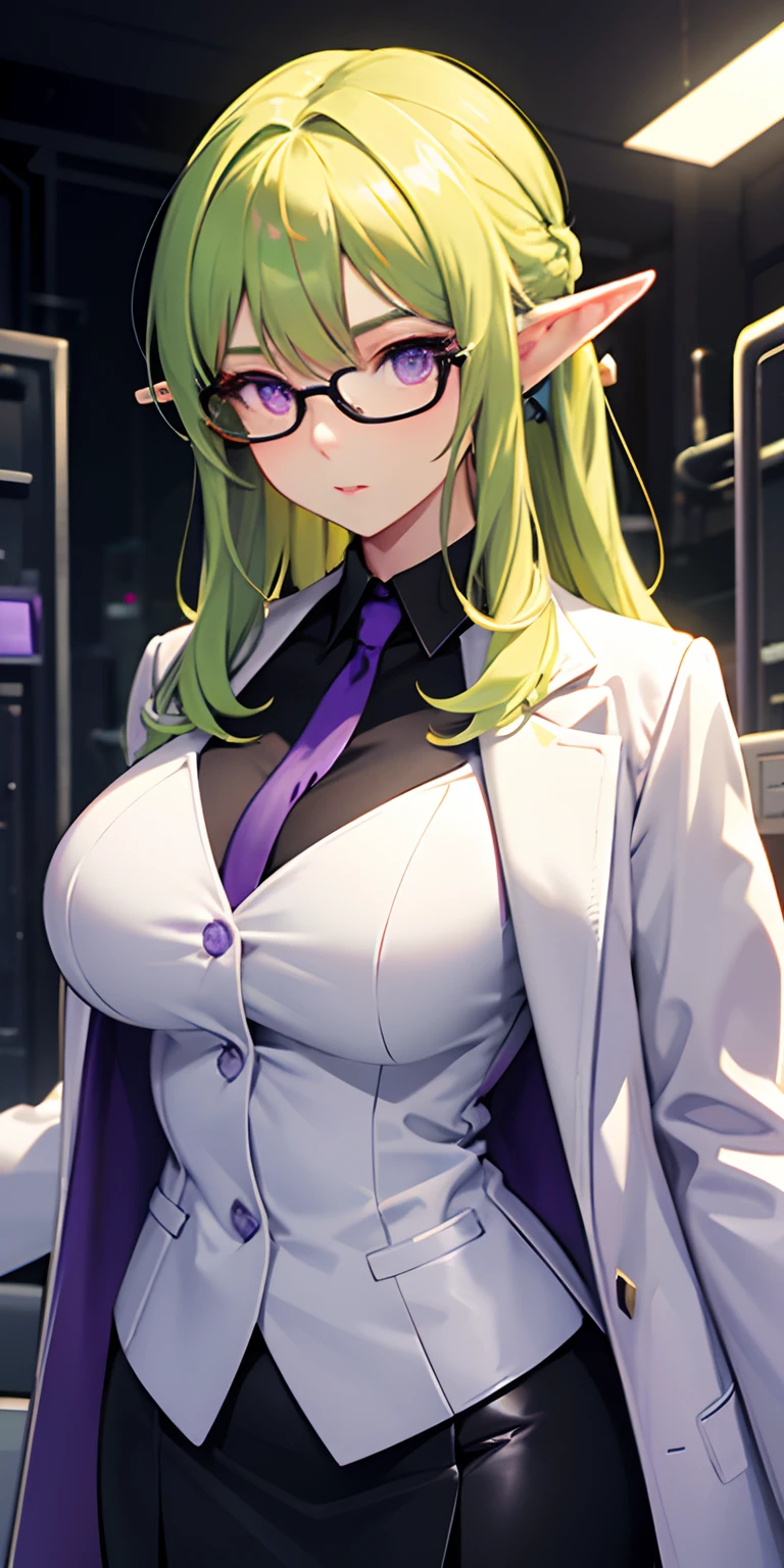 pov, , paizuri, 1girl,,1boy , between the breasleavage, roeat, beauty mark, , blunt bangs, medium breasts, laboratory,tiful nerdy scientists testing my penis, colored fingernails,s enhancement research facilnaughty, green hair, nipples, lab coat, pen, post apocalyp