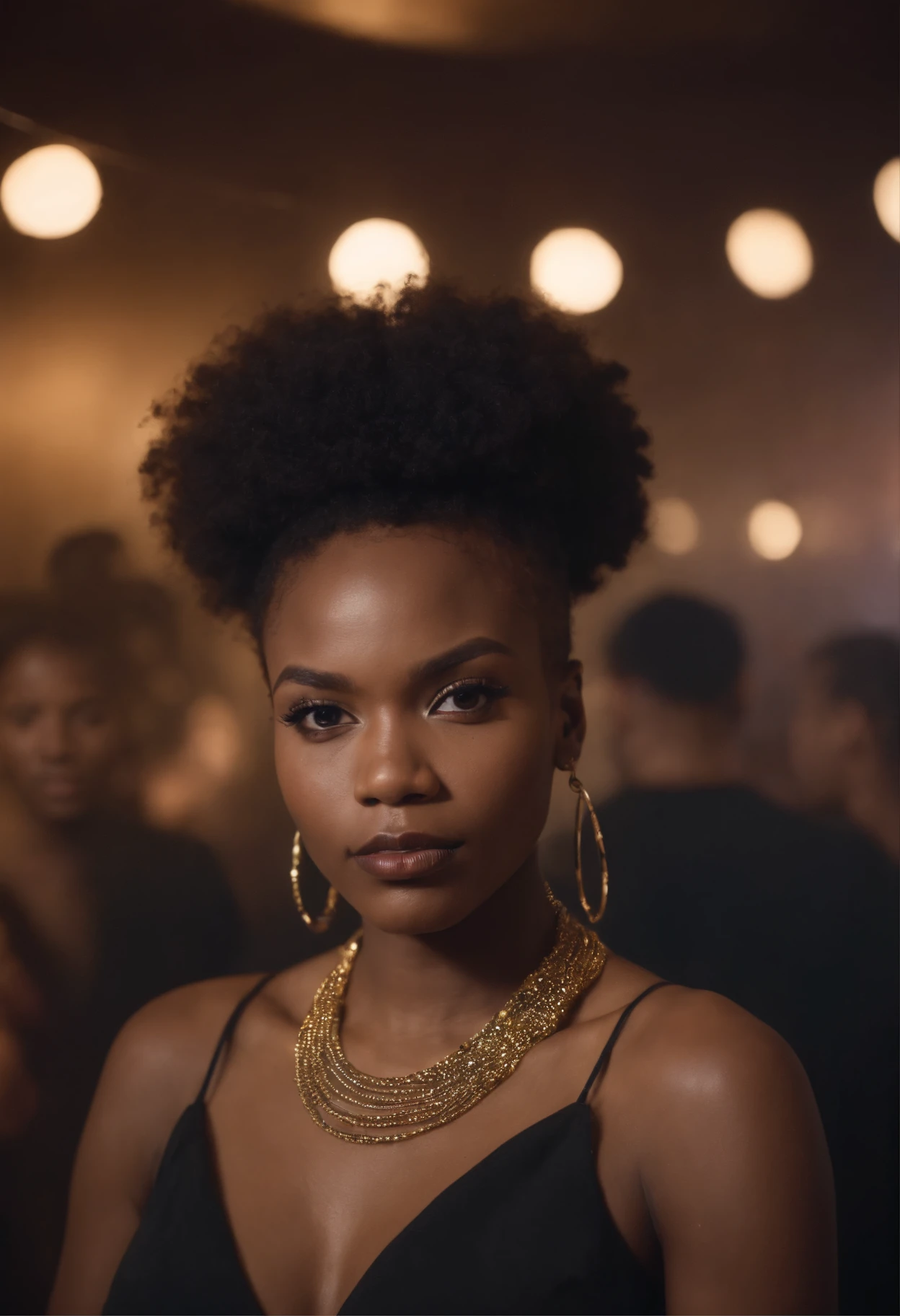 Ghotic afro woman cut with big bare and piercing on gold chains in a nightclub