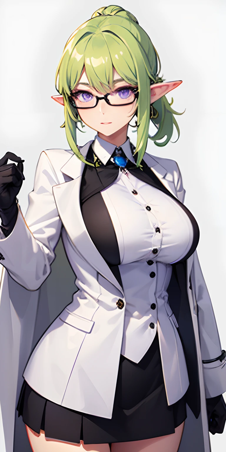 big tits, Detailed eyes, detailed face, perfect anatomy, perfect proportion, 1women, solo, closed clothes, elf, blonde green hair, hair tied, (( violet eyes)), cool face, round glasses, white coat, black short skirt, white business suit, nectie, at laboratorium, half body,