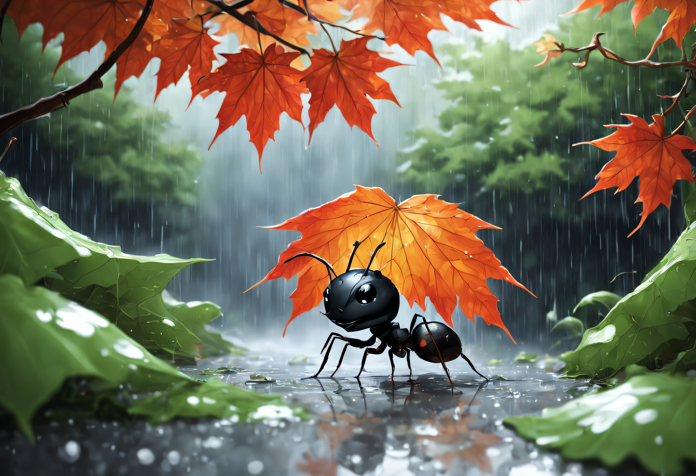 A cute ant takes shelter from the rain under a large maple leaf, Depict this scene in anime style, with great focus and intricate details.