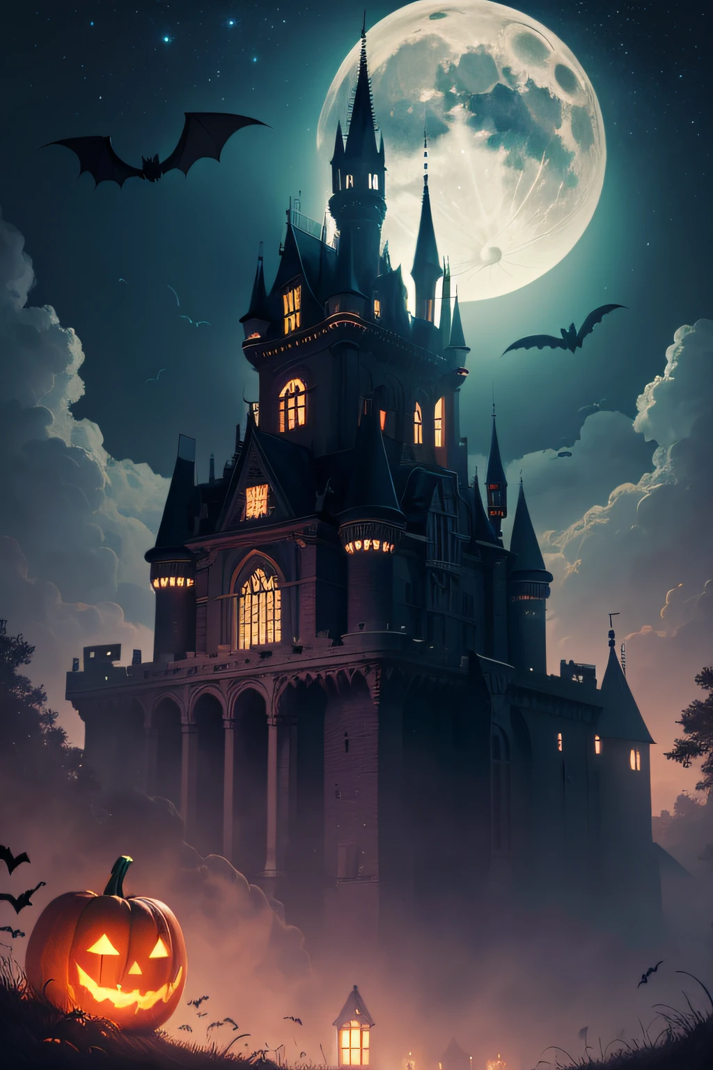 halloween, ((masterpiece)), ((best quality)), ((sharp detail)), ((high resolution)), (halloween), castle, moon, grass, starry sky, bats