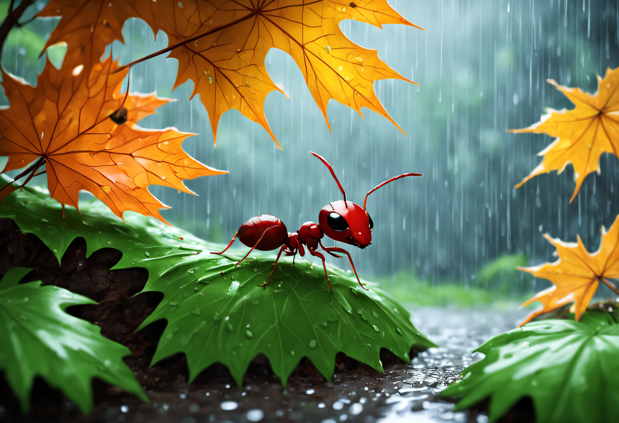 A cute ant takes shelter from the rain under a large maple leaf, Depict this scene in anime style, with great focus and intricate details.