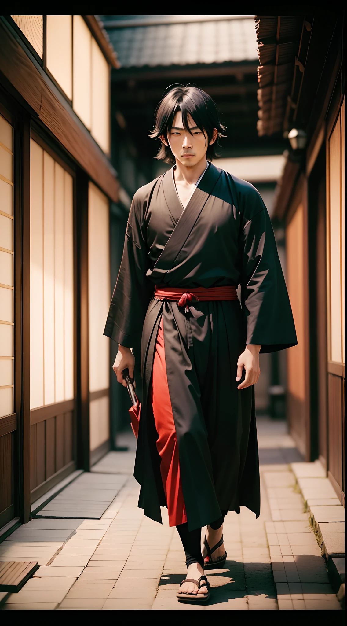Japanese man, ,ishikawa goemon, black hair,thief, Japanese edo period, recovered photograph,walk in city (film grain: 1.2), (disposable film: 1.2), bad lighting, dim