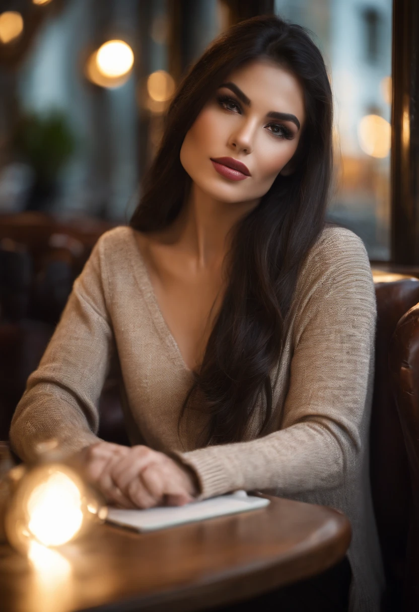 (sharp focus: 1.2), photo (full body) (American flat), attractive 25-year-old, reading menu, sitting in Parisian coffee shop, (beautiful face: 1.1), detailed light brown eyes, delicious lips, (eye makeup: 0.85), (medium breasts: 1.0), (firm body: 1.2), (soft long black hair: 1.2), (long bangs:1.1),wearing (miniskirt) plaid miniskirt, (oversize sweater), (moderate lighting: 1.2), depth of field, bokeh, 4K, HDR. Miss Universe, cover photo. ((skin with small spots and wrinkles), , (moody lighting: 1.2), depth of field, bokeh, 4K, HDR