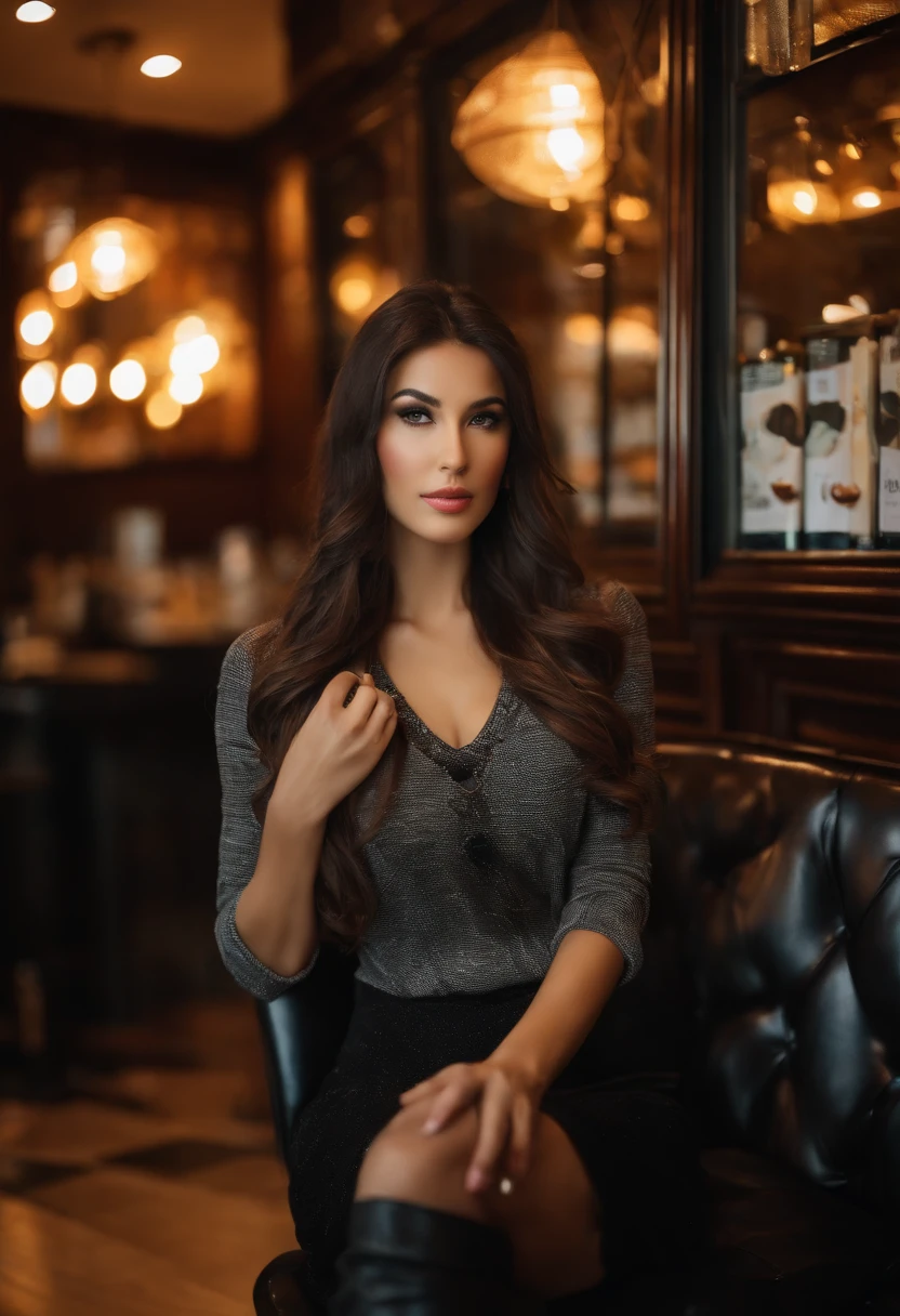 (sharp focus: 1.2), photo (full body) (American flat), attractive 25-year-old, reading menu, sitting in Parisian coffee shop, (beautiful face: 1.1), detailed light brown eyes, delicious lips, (eye makeup: 0.85), (medium breasts: 1.0), (firm body: 1.2), (soft long black hair: 1.2), (long bangs:1.1),wearing (miniskirt) plaid miniskirt, (oversize sweater), (moderate lighting: 1.2), depth of field, bokeh, 4K, HDR. Miss Universe, cover photo. ((skin with small spots and wrinkles), , (moody lighting: 1.2), depth of field, bokeh, 4K, HDR