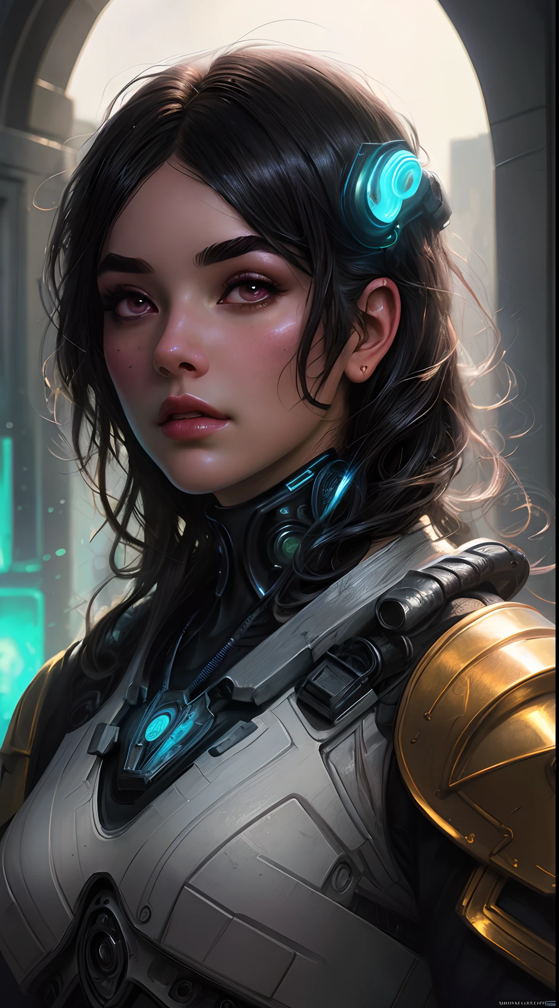 Stunning photorealistic portrait oil painting of 1 beautiful cyberpunk girl, white skin, black shapeless cyberpunk hair, ((((white eyebrows)))), baroque intricate cyber armor, solo, hyperdetailed painting, luminism, Bar lighting, complex, white eyebrows, 4k resolution concept art portrait by Greg Rutkowski, Artgerm, WLOP, Alphonse Mucha, realistic fantasy, fractal isometrics details bioluminescence, beautiful awesome, intricately detailed, cinematic, trending on artstation | Isometric | Centered hypereallistic cover photo awesome full color, dark, gritty, realistic, Alphonse Mucha, Gustav Klimt