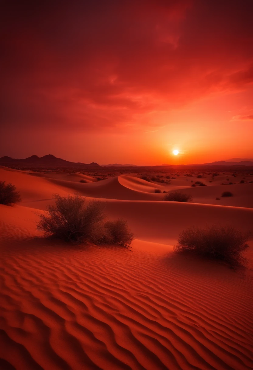 sunset in desert dramatic full Red Sky cinematography with the sun in the middle