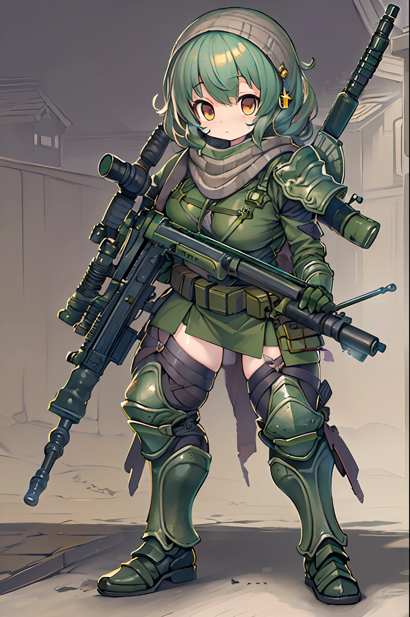 tabletopRPG、high-detail、((tchibi:1.2)、Fairy Sniper Night、Sniper rifle lance with a thin and long barrel、outside of house、various colors、thick arms、Thick armored cover thighs、Reinforced armored body、Slim Massive)、Incolor White、Crouching,in fighting