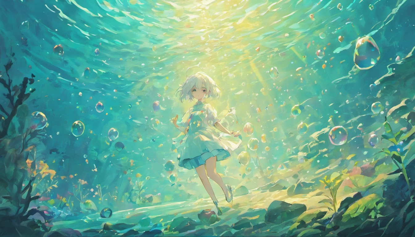 House of Undersea Boy Silver-haired Seashell,girl with short white hair,colorful bubble,a plant,Glowing small fish,glinting,ocean floor,( Reasonable design, Clear lines, High Sharpness,Best Quality, Very detailed, masutepiece, Movie Light Effects, 4K )