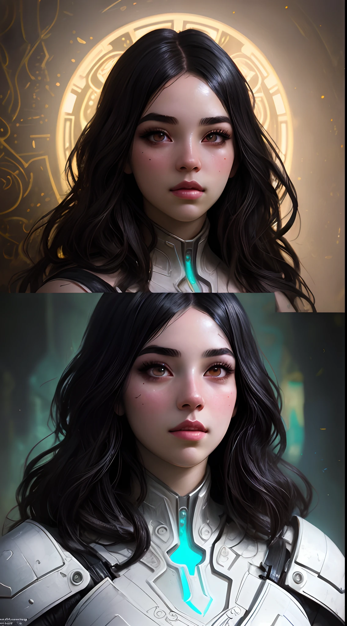 Stunning photorealistic portrait oil painting of 1 beautiful cyberpunk girl, white skin, black shapeless cyberpunk hair, ((((white eyebrows)))), baroque intricate cyber armor, solo, hyperdetailed painting, luminism, Bar lighting, complex, white eyebrows, 4k resolution concept art portrait by Greg Rutkowski, Artgerm, WLOP, Alphonse Mucha, realistic fantasy, fractal isometrics details bioluminescence, beautiful awesome, intricately detailed, cinematic, trending on artstation | Isometric | Centered hypereallistic cover photo awesome full color, dark, gritty, realistic, Alphonse Mucha, Gustav Klimt