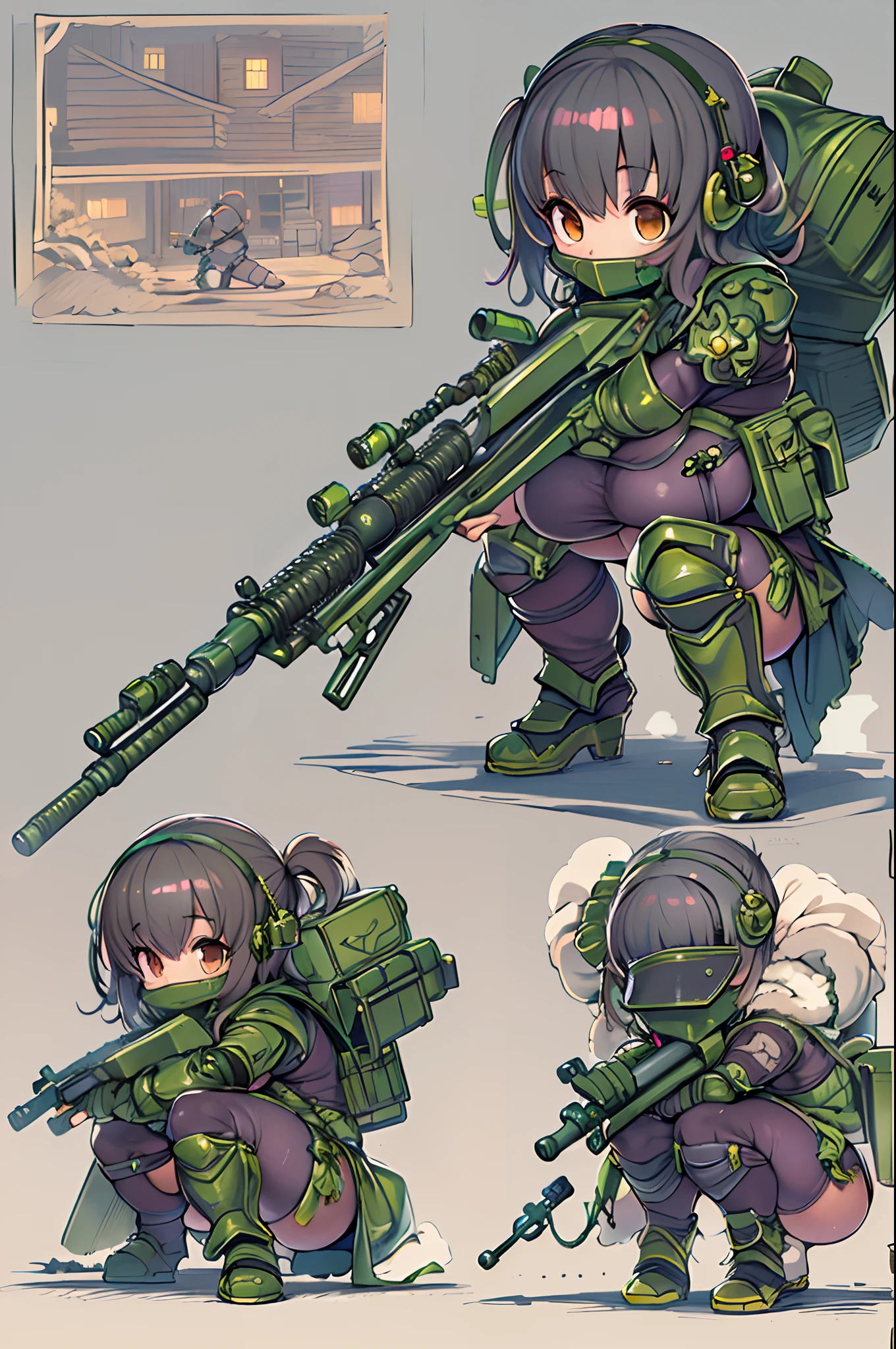 tabletopRPG、high-detail、((tchibi:1.2)、Fairy Sniper Night、Sniper rifle lance with a thin and long barrel、outside of house、various colors、thick arms、Thick armored cover thighs、Reinforced armored body、Slim Massive)、Incolor White、Crouching,in fighting