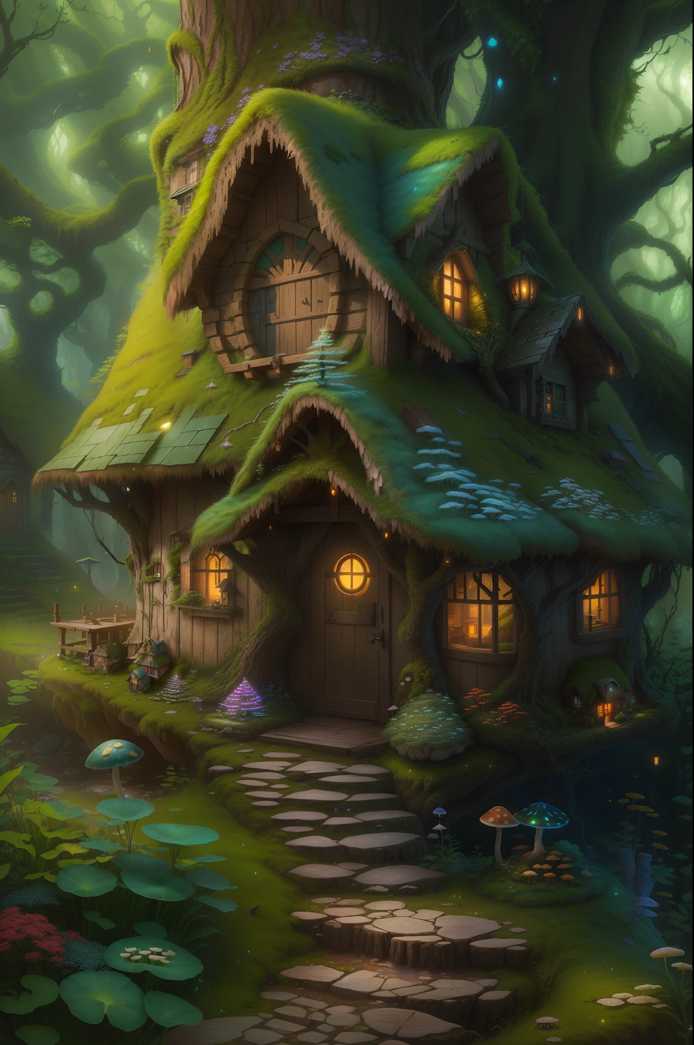 There is a small house,The roof is covered with moss,Lichen details,There is a path leading to it, There are a lot of small mushrooms on the side of the road,A cute little squirrel on the road,fantasy house, mushroom house, enchanted magical fantasy forest, cottage in the forest, Picture details,rich colours,Texture,detailed fantasy digital art, Fantasy art Behance, elves house, fairy tale place, fantasy matte painting,Cute, magical fantasy forest, highly detailed fantasy art, author:Arthur Penn