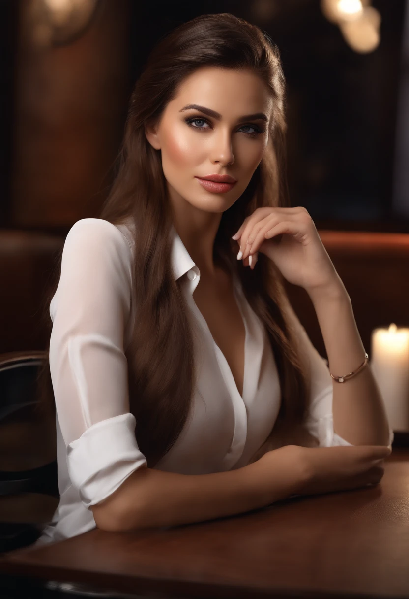 (ssee-through) A gorgeous sexy brunette woman perfect 23 year old secretary straight hair with ponytail oily silky white skin (Damp) Fleshy lips, (Photorealistic:Photorealistic, 8K masterpiece), Room with a skinny white shirt (Breast highlights), Sit at a table in the restaurant，holding a cup of coffee (Hyperrealistic: Realistic, Environments with complex details),  Sexy features on the face: (Texture & Environment Professional Photography Pure and perfect lighting).