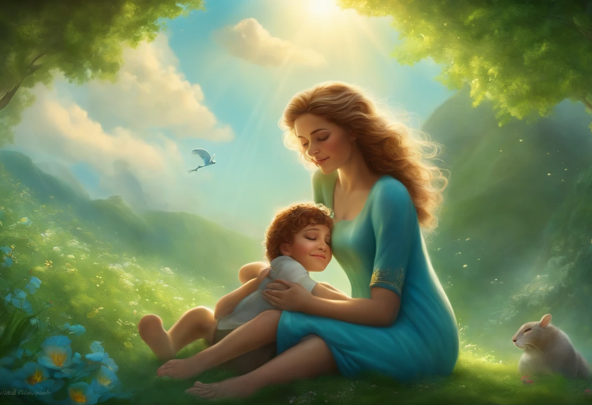 In a clear blue sky with fluffy clouds, a man and a woman are lying side by side on a soft cloud, looking in awe at Planet Earth below, which resembles a lush green garden like a fairy tale. Above them, a soft glowing light radiates, symbolizing God's blessing. The Earth, with its intense greens and blue oceans, seems like a paradise, and the couple exudes an aura of happiness and gratitude., style realista