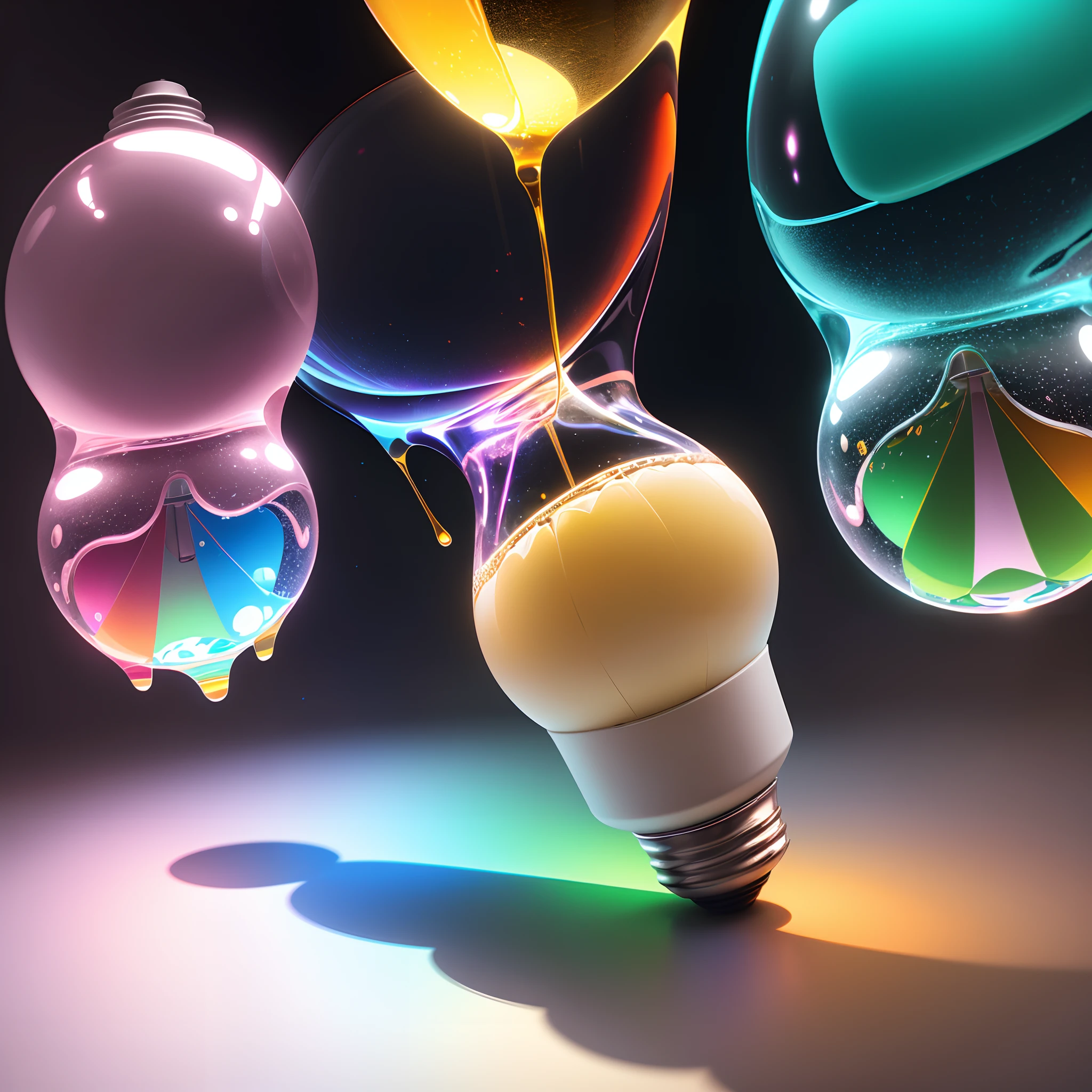 there is a light bulb that is glowing brightly on a white background, colored light, lightbulb, volumetric light ， surreal, bright iridescent light, colorful light, strong iridescent light, light bulb, colourful light, refracted lighting, refracted light, colorized photon, an upright lightbulb, 3d style light refraction, by Jan Rustem