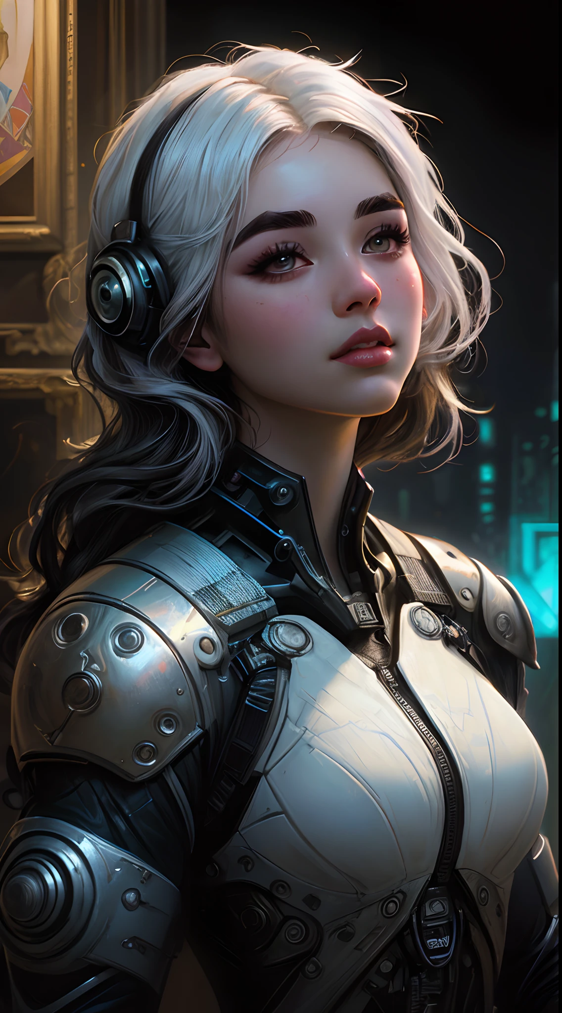 Stunning photorealistic portrait oil painting of 1 beautiful cyberpunk girl, white skin, black shapeless cyberpunk hair, ((((white eyebrows)))), baroque intricate cyber armor, solo, hyperdetailed painting, luminism, Bar lighting, complex, white eyebrows, 4k resolution concept art portrait by Greg Rutkowski, Artgerm, WLOP, Alphonse Mucha, realistic fantasy, fractal isometrics details bioluminescence, beautiful awesome, intricately detailed, cinematic, trending on artstation | Isometric | Centered hypereallistic cover photo awesome full color, dark, gritty, realistic, Alphonse Mucha, Gustav Klimt