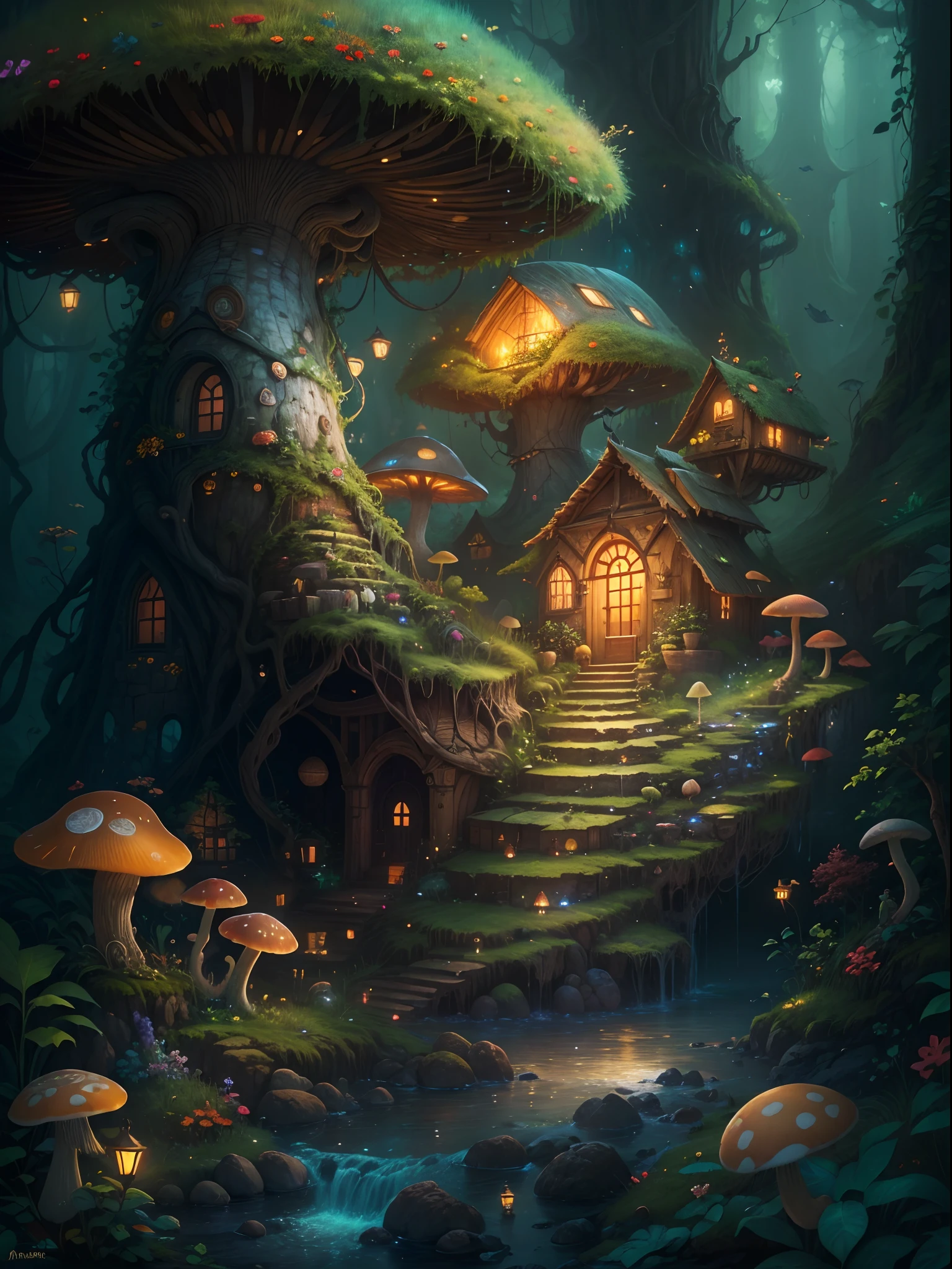(best quality,highres,masterpiece:1.2),ultra-detailed,realistic, vibrant colors, enchanting, mystical, jungle, mushroom house, magical elves, glowing light, ethereal beauty