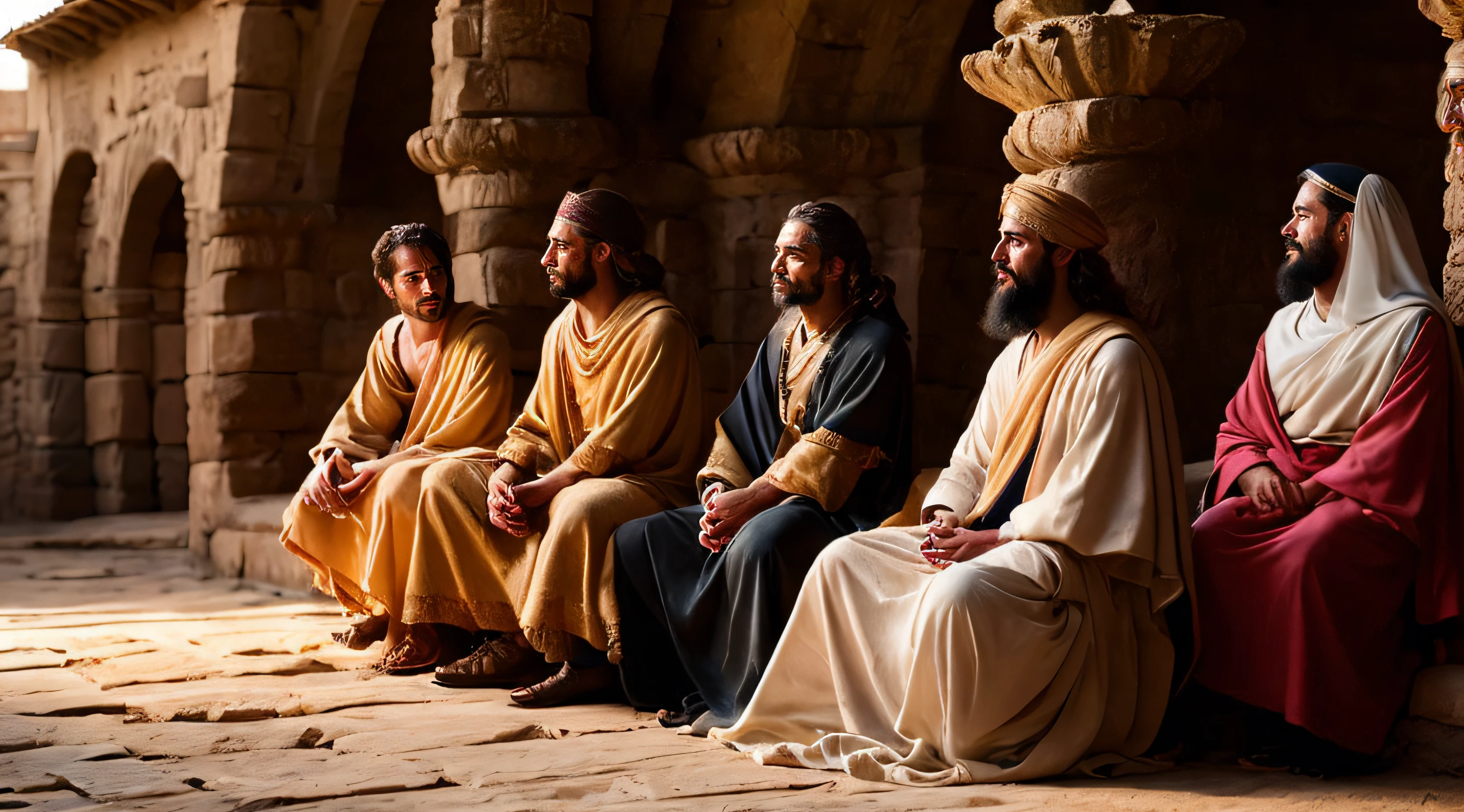 Ancient Israel、Biblical times、1st century、(((Disciples of Christ Listening to Christ)))、8K、Raw photography、top-quality、​masterpiece:1.5、ultra-lightweighthigh-resolution、Photorealsitic:1.5、ciinematic light、soft volumetric lighting:1.5、realisitic、Photorealsitic:1、Detailed skin、profetional lighting、a picture、foco nítido、detaileds、profetional lighting、photon maping、detailed and intricate environment、ighly detailed、top-quality、Artistic photography、photorrealistic concept art、soft natural volumetric cinematic perfect light、Midjourney、Detailed hand、