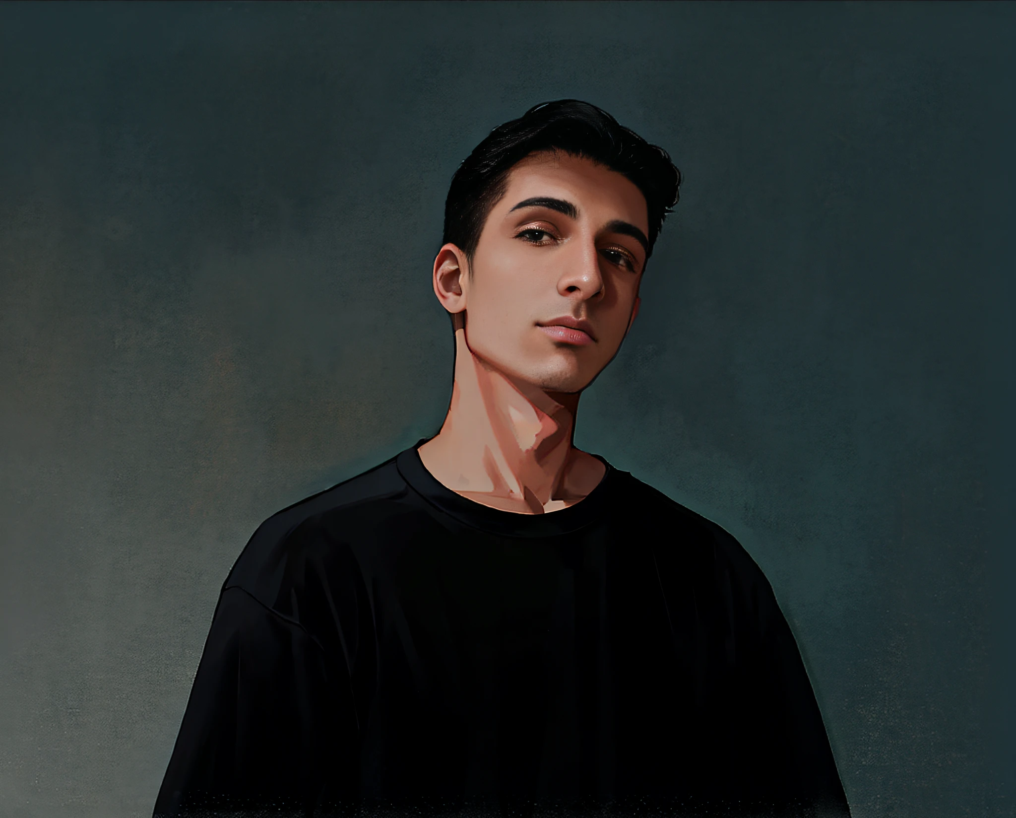 There's a man holding a cell phone in his hand, Tiro a la cabeza de medio cuerpo, Marca ariana, Retrato de un joven italiano, Lleva una camiseta negra, Joven griego, Foto de perfil de la foto de cabeza, young spanish man, macho adulto joven, Retrato de alta calidad, foto de la cabeza, con una camiseta negra, Retrato centrado en el perfil lateral, productphoto, mortaja