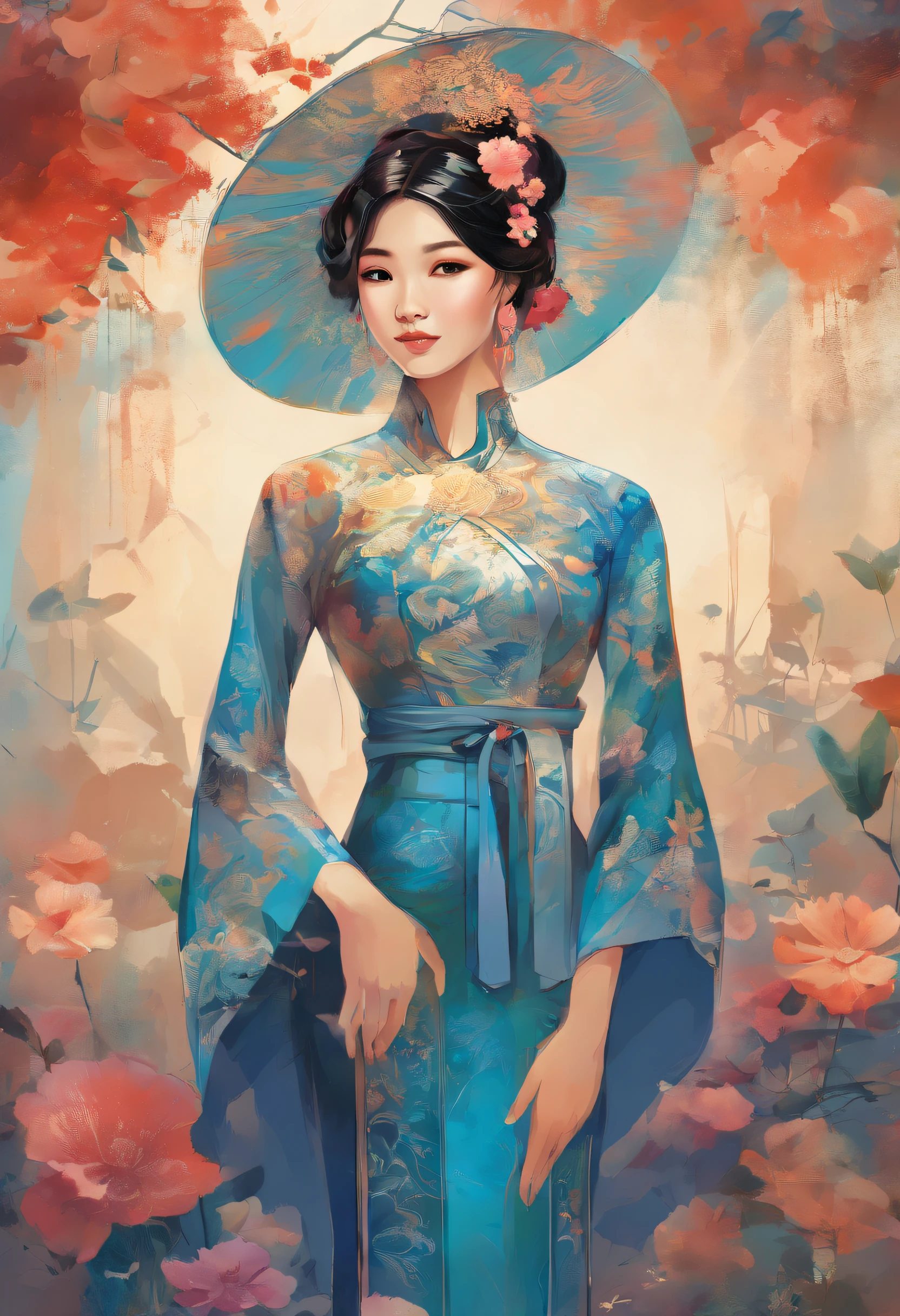 A beautiful young Vietnamese woman stands in tight-fitting traditional Vietnamese blue áo dài, (Offizielle Kunst, beautiful and aesthetic:1.2), ((Fraktale Kunst:1.4)), the highest detail, full entire body, (shinny skin), (viele Farben:1.4), (ohrringe), (Feder:1.5), farbiges Muster im Hintergrund, ((kein Hut)),, viele farbige Blumenmuster, (Abstrakte Muster:1.4), fraktale Muster, Warme Farben, traurig, flush, sad smile, Hohle Augen, Art Deco, Ansicht von der Seite