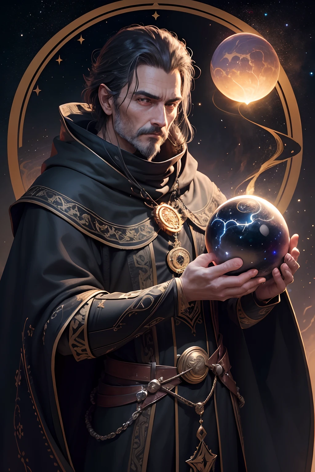 Nocturnal is a wise and dedicated cosmic mage who serves as an advisor to the queen of the Solaris Kingdom. His name is an apt representation of his nature, since he is deeply involved in the study of the celestial stars and events, especialmente durante as horas noturnas. He is known for his distinctive and imposing appearance. Nocturnal is a tall man, Thin and old. His eyes are deep and dark, Like outer space, e parecem brilhar com uma sabedoria ancestral. Ele veste um manto negro e estrelado, embroidered with mystical symbols representing constellations and planets. An ebony staff adorned with a star-shaped carved obsidian sphere is his constant companion. He spent most of his life studying the secrets of the cosmos and learning the art of dark and cosmic magic. He became an advisor to the queen because of his unparalleled knowledge and his relentless quest to understand the mysterious floating rock that sustains the Solaris Kingdom. This rock is the source of the kingdom's power, and, as it weakens, The prosperity of the kingdom also fades.