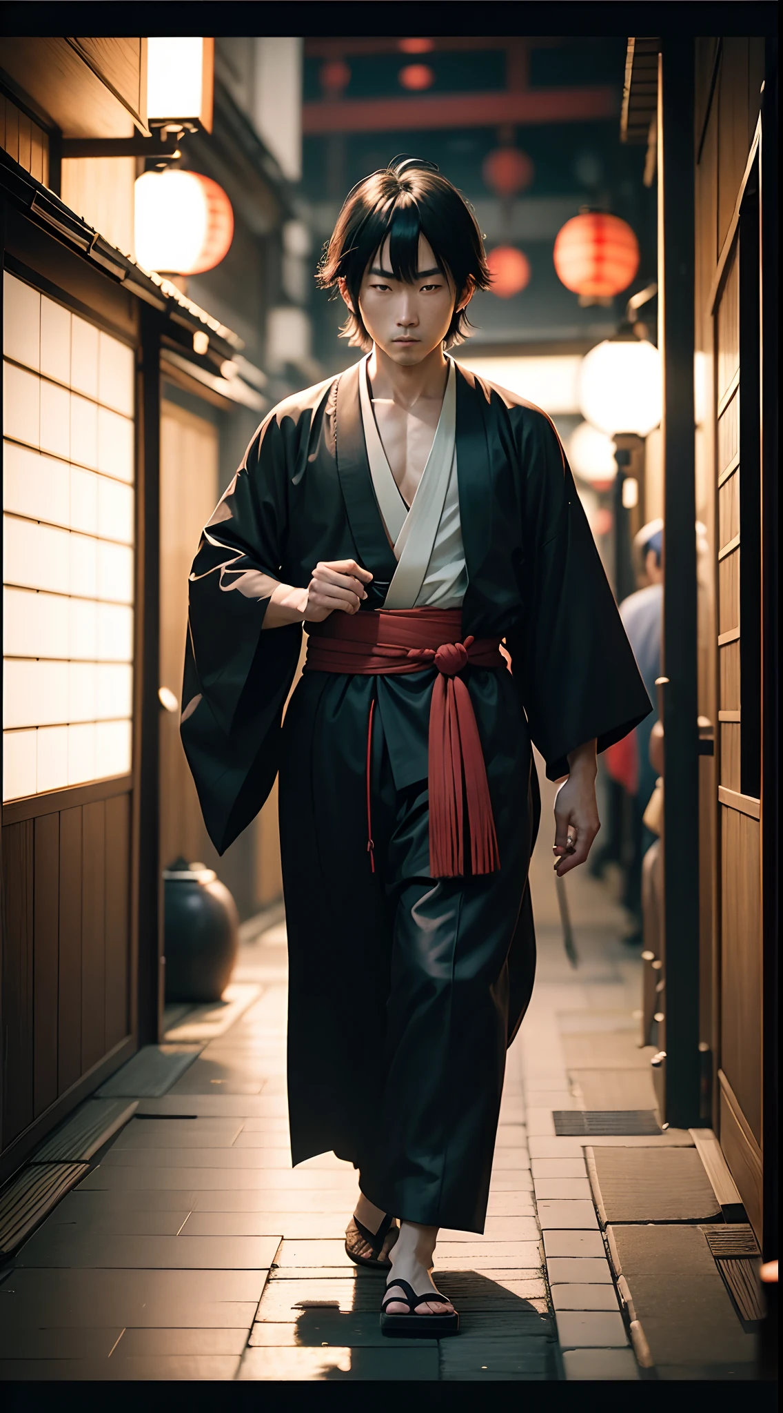 Japanese man, ,ishikawa goemon, kimono,black hair,thief, Japanese edo period, recovered photograph,walk in city (film grain: 1.2), (disposable film: 1.2), bad lighting, dim