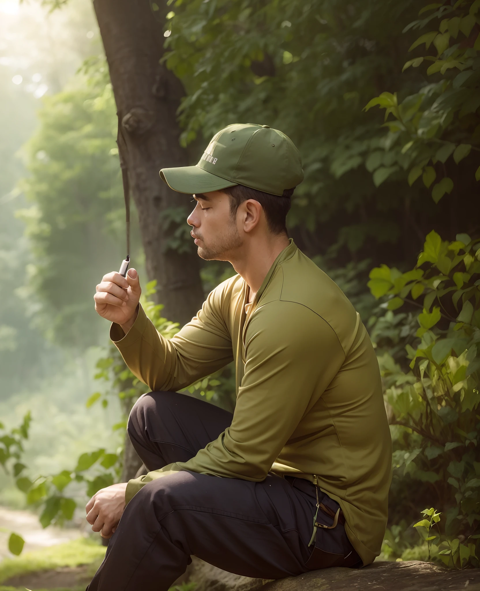 there is a man sitting on a bench eating a banana, amidst nature, in front of a forest background, sitting in the forrest, looking majestic in forest, profile pose, thoughtful pose, in forest jungle, lost in thought, taking a smoke break, in jungle forest, thinking pose, smoking a cigarette in the field, in jungle, sitting near a river