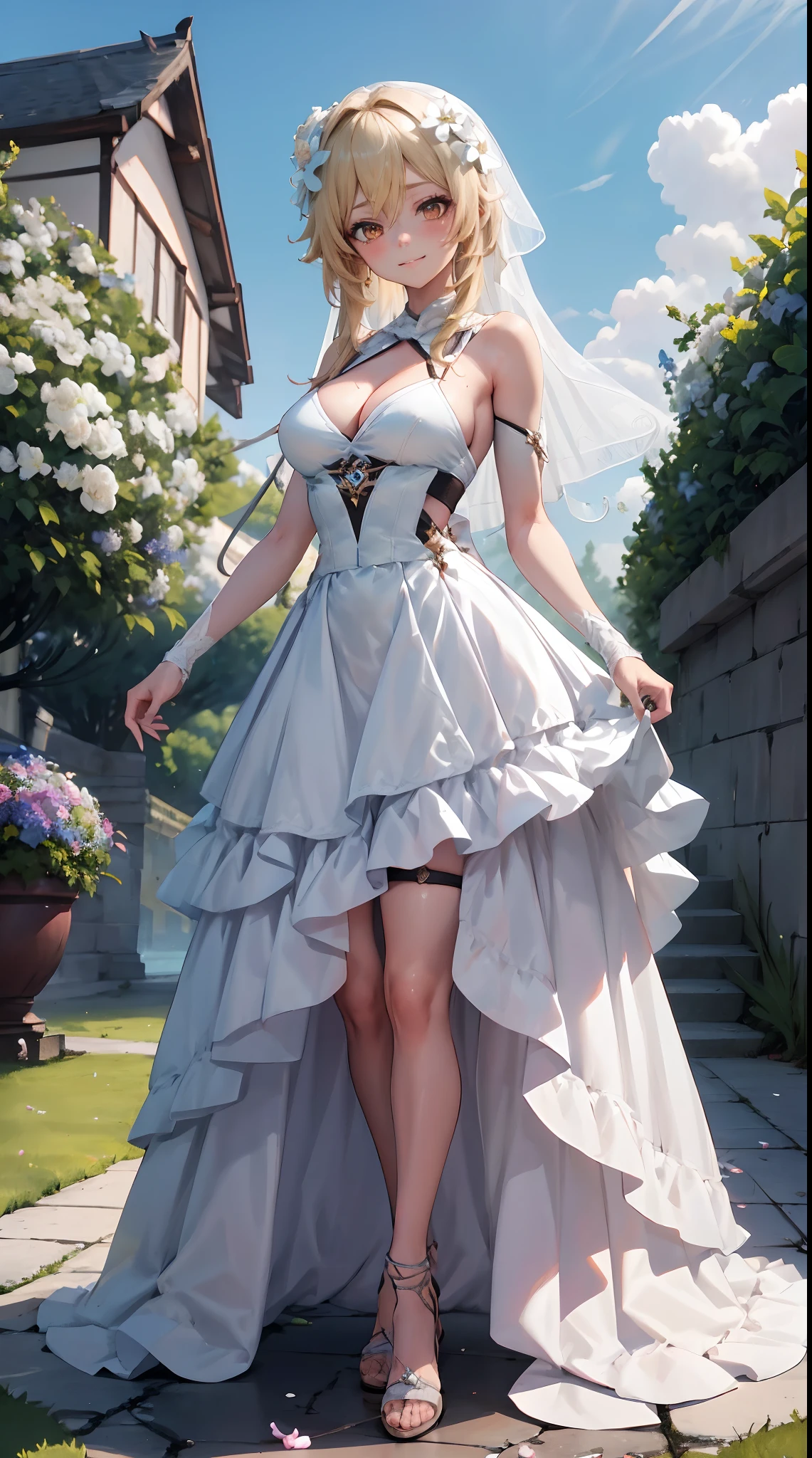 Lumine | genshin impact, master-piece, bestquality, 1girls,25 years old, proportional body, proportional., Wedding Dresses, White Wedding Dress, Long skirt, wedding, mediuml breasts, ,bara, Standing in the middle of a flower garden, outdoor, wedding, The sky is beautiful, Both hands hold a bouquet of flowers.............., View viewers from the front., Thigh strap, Head tilt, bored, 10, 10, HD, slight smile,