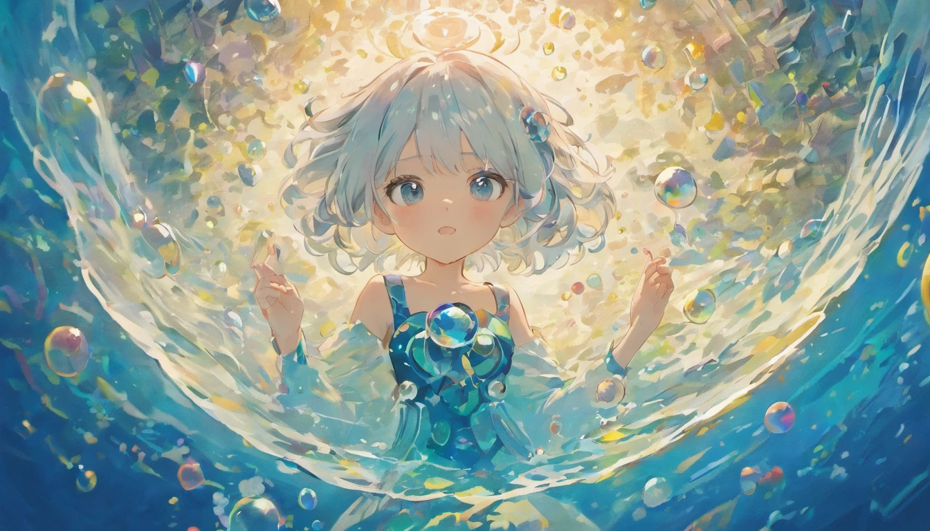 Undersea juvenile silver-haired shell house,Girl with short white hair,Colorful bubbles,a plant,Glowing small fish,Sparkling,blue colors,ocean floor,