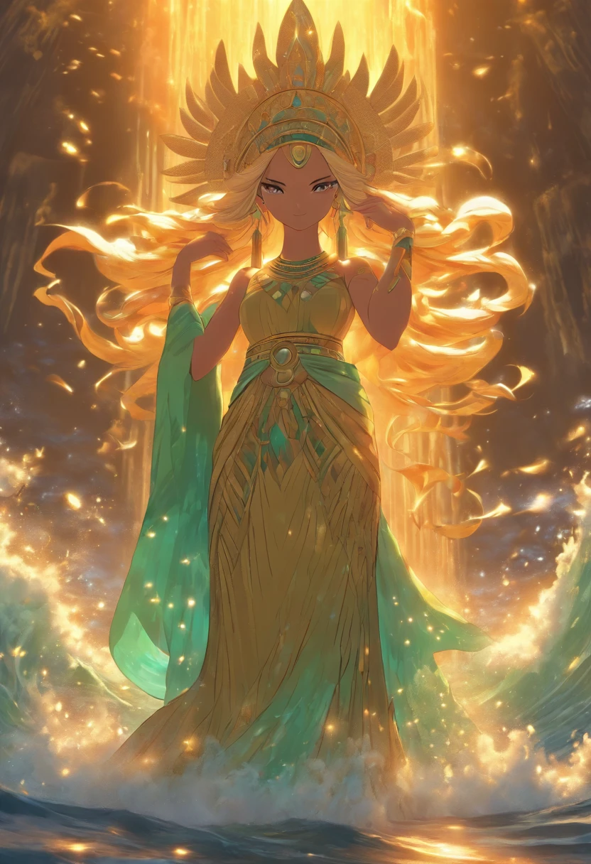 (((Nammu))) best quality, ultra-high resolution, 4K detailed CG, master piece, Sumerian God, water, Ocean Goddess, Sumerian clothing, Sumerian mythology, ((close to viewer)) , Sumerian image, aesthetic, centered on screen, full body