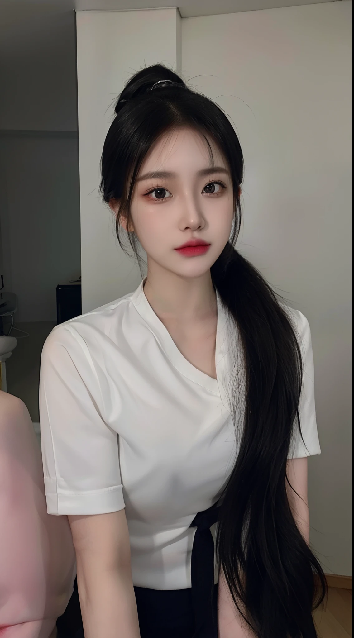 Raw foto, Photorealistic, s whole body, ponytail hair, pale-skin, Black eyes, Pink lips, (Cute), detailed background, Detailed face, Detailed Eyes, Detailed hair, All renders, super detaill, Anatomically accurate., high detailed, High Quality, Best Quality, high resolucion, 8K, Masterpiece,In the room,White shirt,Black tie,black mini skirt,Full Body Shot,Viewers can see the whole body