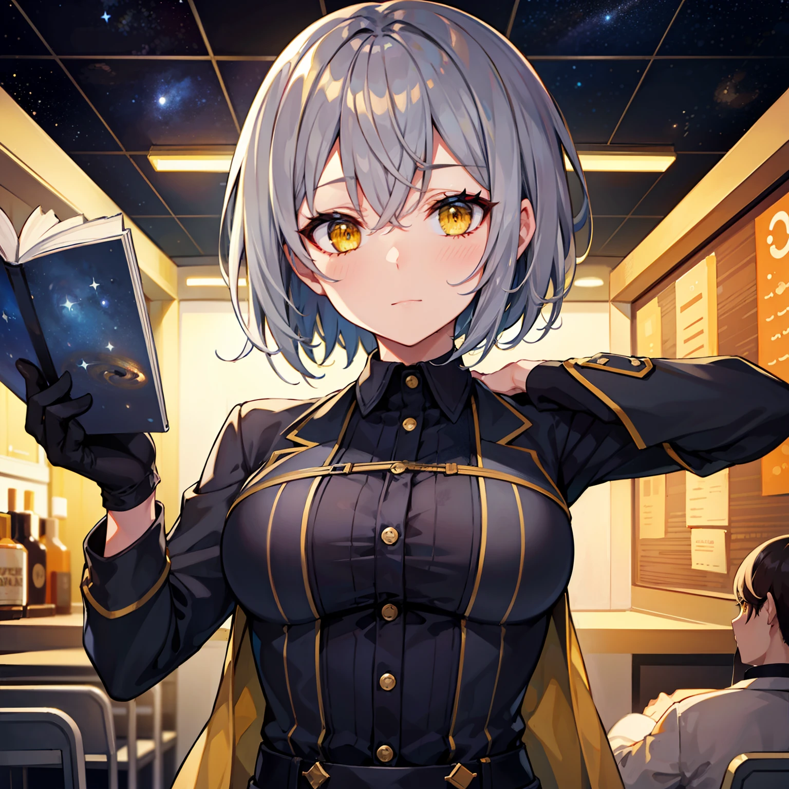 masterpiece, best quality, short hair, dark grey hair, yellow eyes, medium hair, medium breasts, close-up, indoors, space, science fiction, hand up, jacket, shirt,
