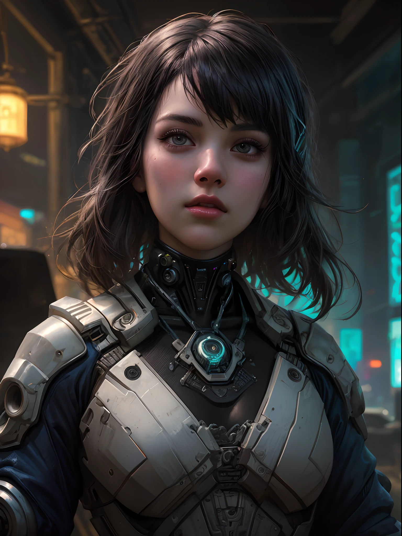 Stunning photorealistic portrait oil painting of 1 beautiful cyberpunk girl, white skin, black shapeless cyberpunk hair, baroque intricate cyber armor, solo, hyperdetailed painting, luminism, Bar lighting, complex, white eyebrows, 4k resolution concept art portrait by Greg Rutkowski, Artgerm, WLOP, Alphonse Mucha, realistic fantasy, fractal isometrics details bioluminescence, beautiful awesome, intricately detailed, cinematic, trending on artstation | Isometric | Centered hypereallistic cover photo awesome full color, dark, gritty, realistic, Alphonse Mucha, Gustav Klimt
