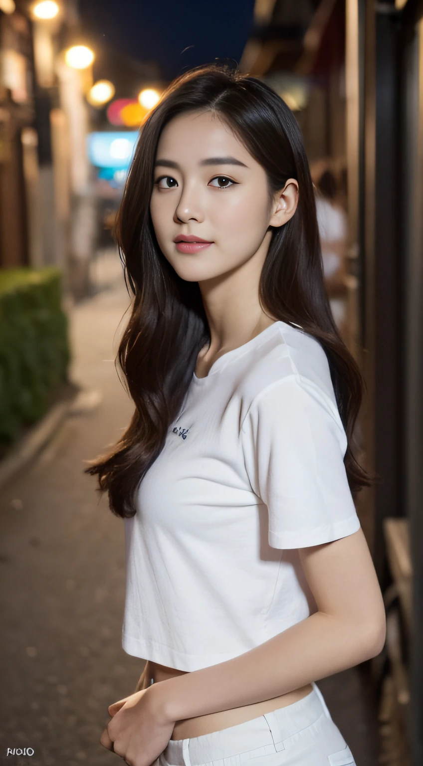 ((Best Quality, 8K, Masterpiece: 1.3)), (Japanese Cap: 1.3), Focus: 1.2, Perfect Body Beauty: 1.4, Buttocks: 1.2, (Layered Haircut: 1.2)), (Dark Street: 1.3), Highly Detailed Face and Skin Texture, Fine Eyes, Double Eyelids, Whitened Skin, Long Hair, (Round Face: 1.5), (Short Sleeves, Shorts: 1.6)