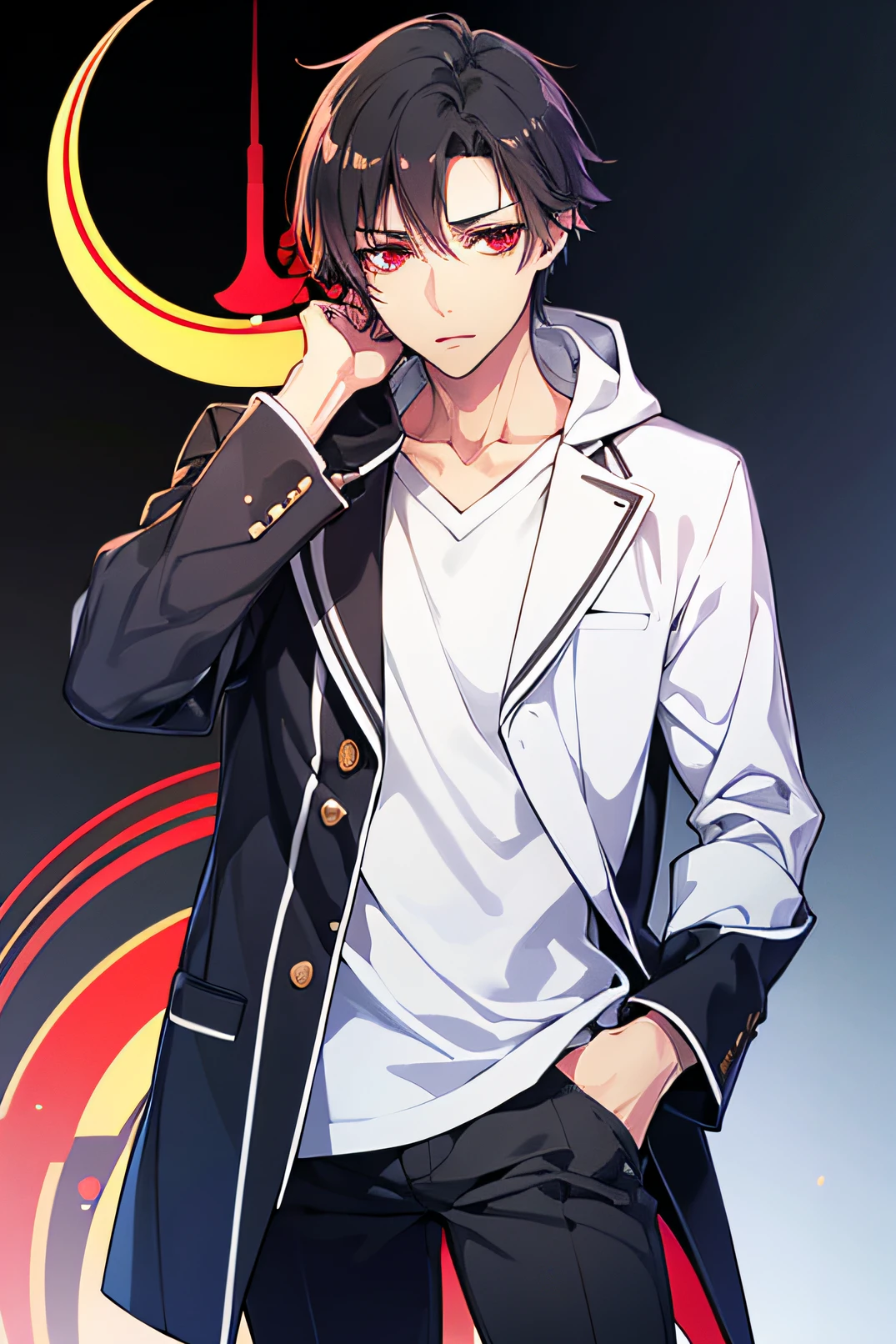 Black_hair, medium_hair, red_eyes, really_red_eyes, detailed_eyes, beautiful_eyes, 1man, dress, black_hood, white_shirt, black_pants