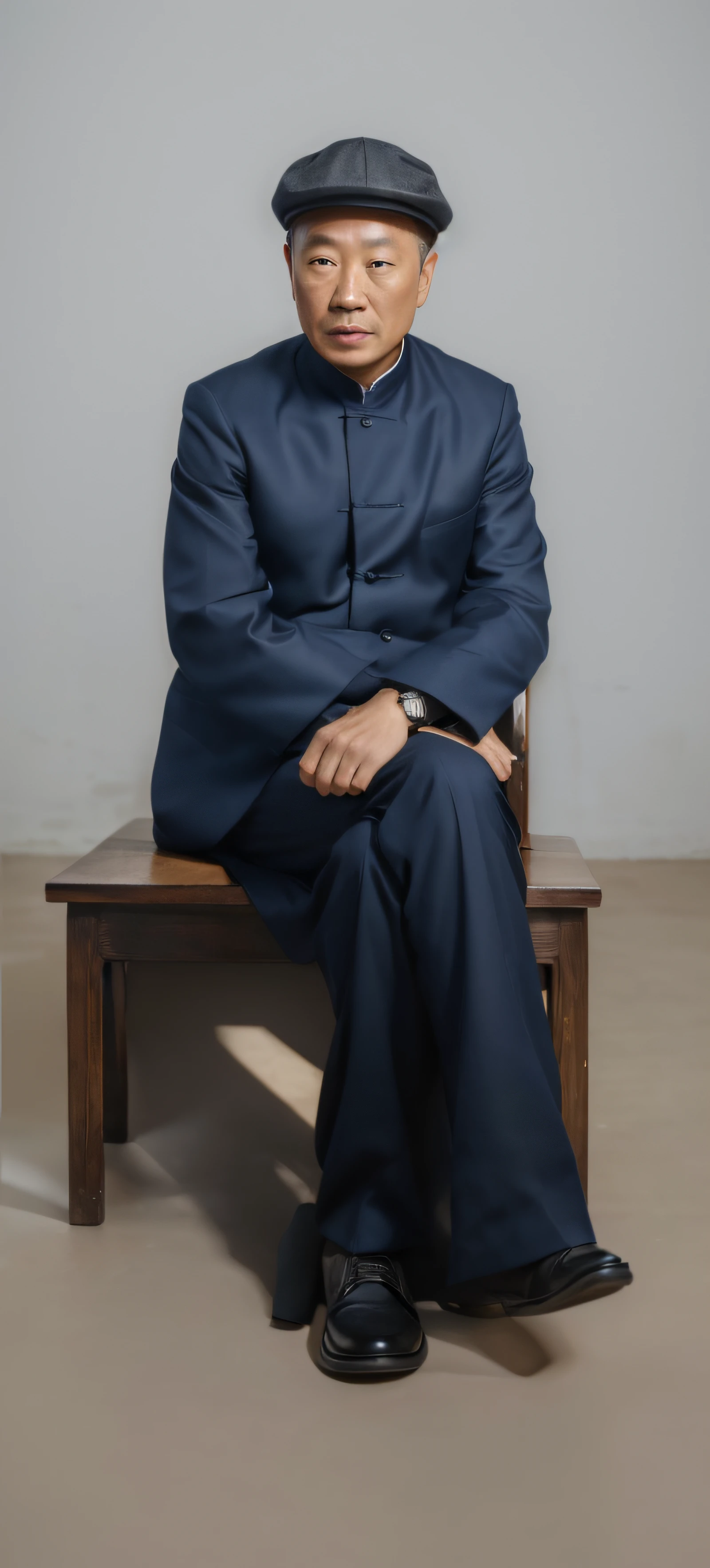 Portrait of a 50-year-old middle-aged Chinese man,Good facial features,without a beard,Symmetrical facial features,Clear ears,The facial features are thin and ultra-clear and realistic,With a dark blue hat on his head,With a military cap with a brim,The hat is symmetrically coordinated,He wears a dark blue Western uniform,The texture of the clothes is clear,There are suit buttons on the clothes,The clasp is symmetrical,Complete and clear,Ultra-clear texture,Camera shooting effect,Light and shadow are natural,Symmetrical clothes,The collar is symmetrical and coordinated,Ultra-clear realistic 8K,Very detailed eyes and face, hugefilesize, hands crossed,Show the back of your hand,Finger ultra-detailed, High definition, Very detailed, Carry a watch on hand,Shimoto wears black pants,Holding Erlang's legs,One leg is draped over the other,Wear a pair of cloth shoes,The two shoes are symmetrical in size,Shoe size,Sit on an old-fashioned wooden bench,Dirt soil,The background is clean and best quality, Masterpiece, , Realistis, Real, Unity, 8K wallpaper,Background details for foreground objects (Masterpiece: 1.2) (Photorealistic: 1.2) (Bokeh: 1.2) (Best quality) (Color grading) (Detailed skin: 1.3) (complex) (8K) (hdr) (Movie lighting: 1.3) (Sharp focus), Glossy glossy skin, Front-facing Ultra HD, Digital SLR, Soft lighting, High quality, film gram, Fujifilm XT3