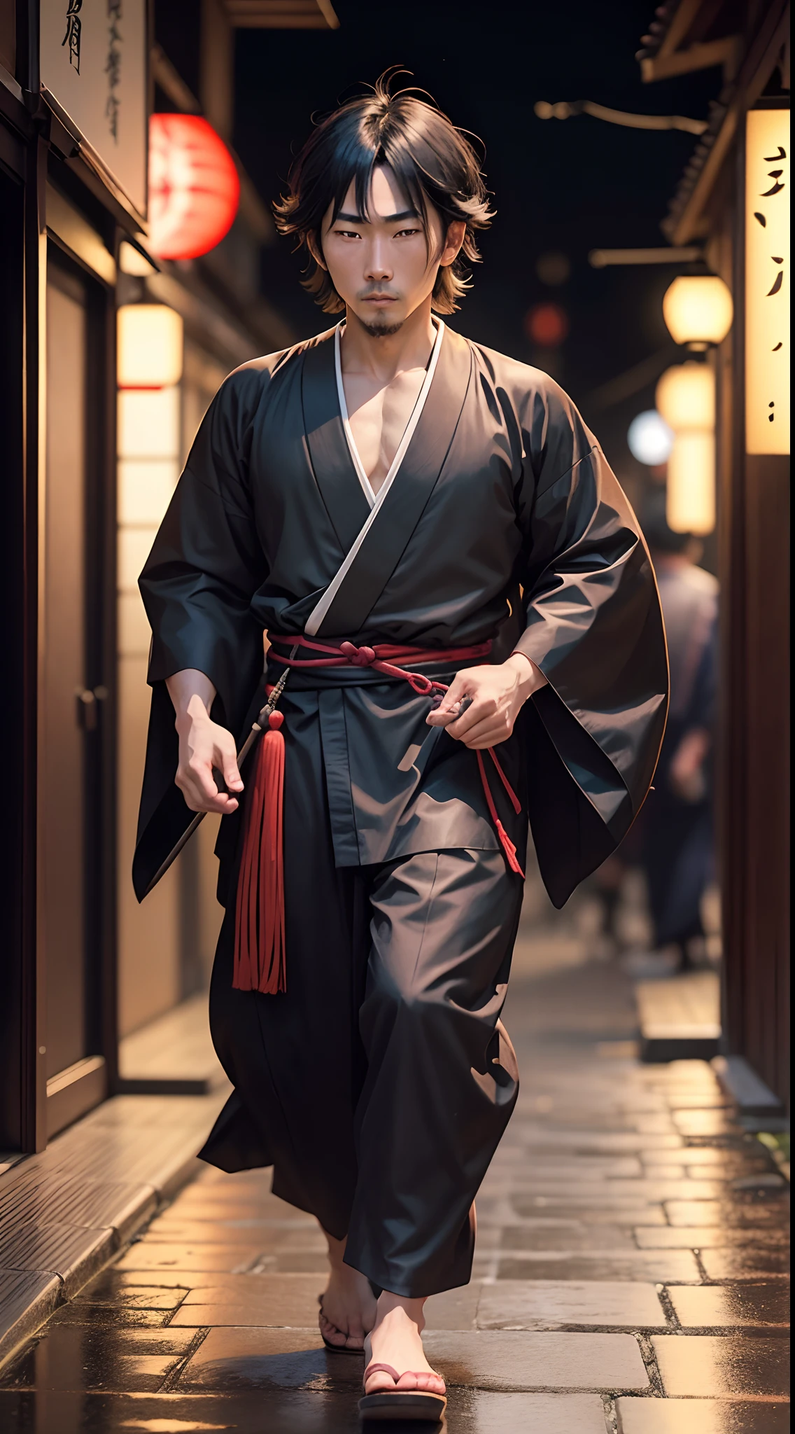 realist:1.3,( fotorrealist, 8k, RAW Photos, Premium quality, masterpiece, epic lighting, Centered image), full body, (handsome Japanese young man, self-confident and with well-formed muscles., Perfectly detailed bad boy and body), intricate details, brown hair that is a little long and disheveled, messy long wet hair, samurai, wear kimono, barefoot, dual katana, Tokyo, Shibuya