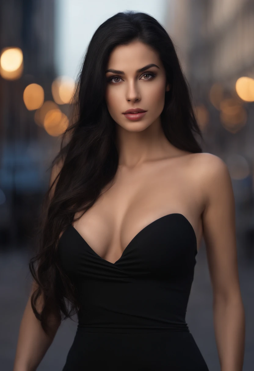 young woman, long black hair, caucasian face, brown eyes, city setting, height 1.75m, big-sized chest, photo realistic",big boobs, hot