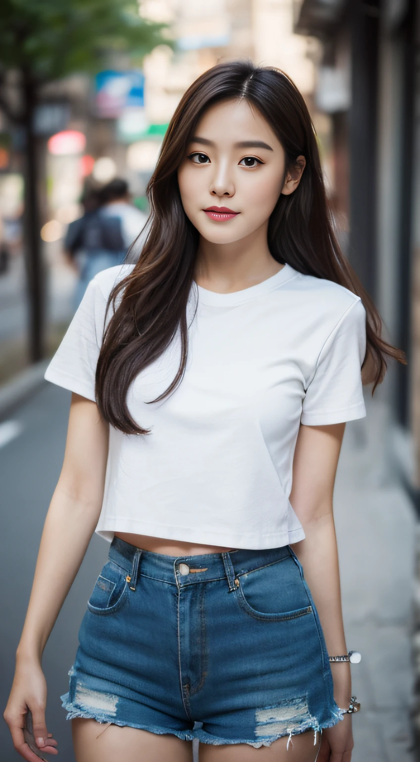 A perfect young female, over size t-shirt,t-shirt, High waist jeans, RAW photo,  CG rendering, Blurred background, deep shadow, 16K, bokered, Very detailed, wallpaper, depth of field, movie light, Ray tracing