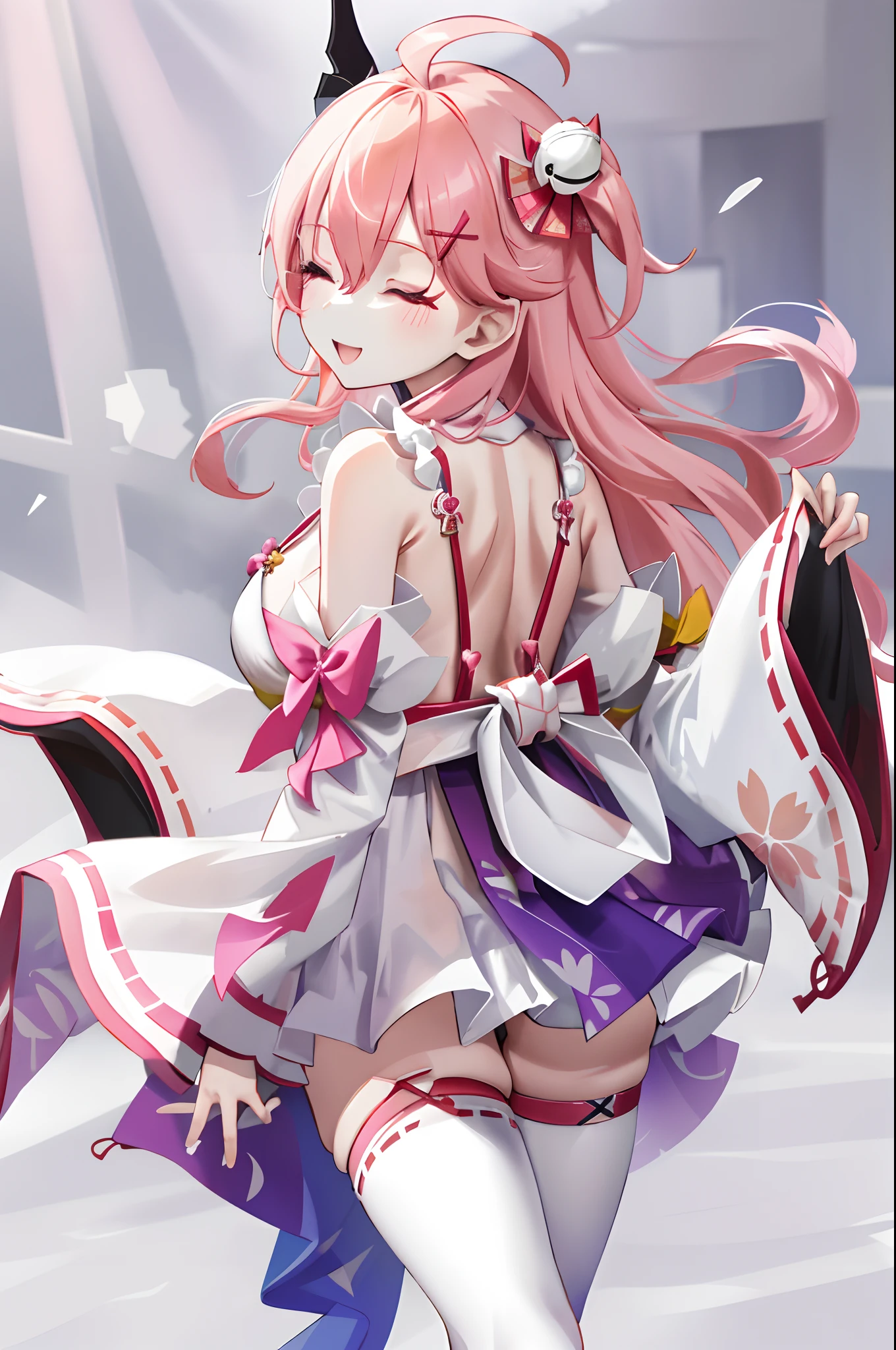 masterpiece, best quality, highres, miko1, sakura_miko, 1girl, big_boobs, solo, ahoge, x_hair_ornament, pink_hair, floral print, hairclip,(side_less_clothes:1.5), (side_boobs:1.5), hair_bell, floral print, long_hair, hair between eyes, one side up, white thighhighs, asymmetrical legwear, wide sleeves, open_mouth,(happy:1.3),close_eyes,big_smile,rising_leg,plump,apart_legs,(overly_long_sleeves:1.3),(beautiful_fingers),sleeves_past_wrists,hands_hidden_sleeves,sidelock_clothes,dynamic_posing,solo,hidden_wrists,(XD:1.4),