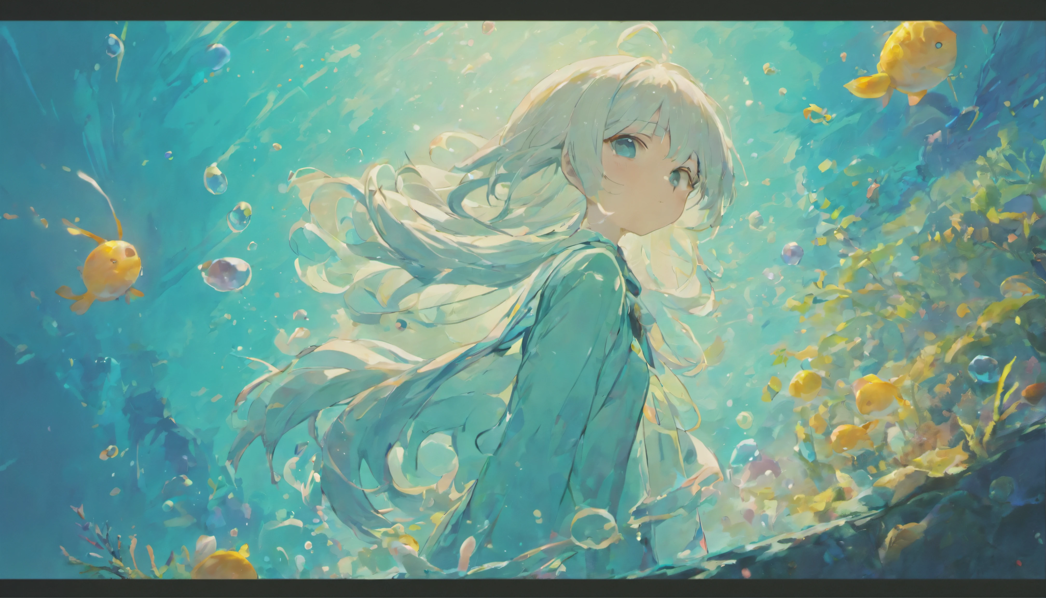 Undersea juvenile silver-haired shell house,Girl with short white hair,Colorful bubbles,a plant,Glowing small fish,Sparkling,blue colors,ocean floor,