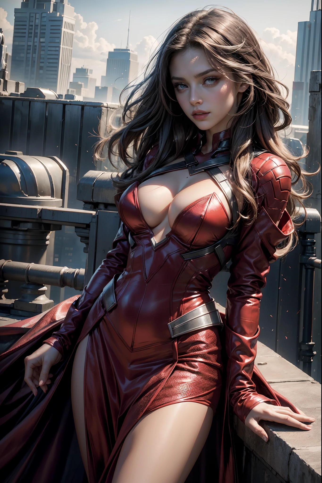 Gorgeous Scarlet Witch from the MCU, sexy masterpiece, slutty, cleavage, oily skin, city rooftop, best quality, highest quality, high definition, highly detailed, 8K, athletic and fit body, naughty, perfect hands, detailed hands, perfect eyes, detailed eyes, flirty, sexy, realistic, HDR, UHD, dynamic,