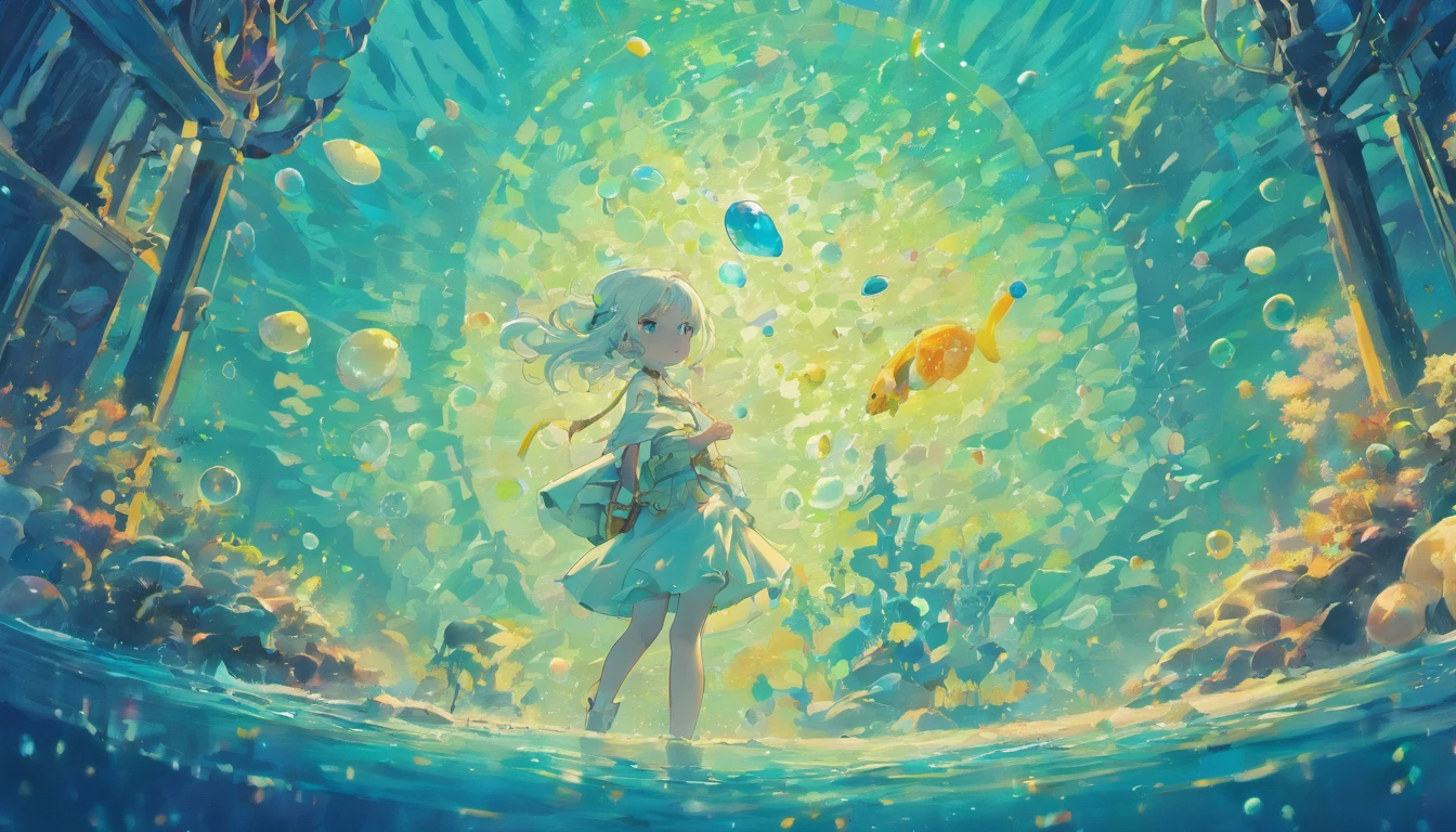 Undersea juvenile silver-haired shell house,Girl with short white hair,Colorful bubbles,A plant,Glowing small fish,Sparkling,ocean floor,( reasonable design, Clear lines, High sharpness,Best quality, Very detailed, Masterpiece, movie light effect, 4K )